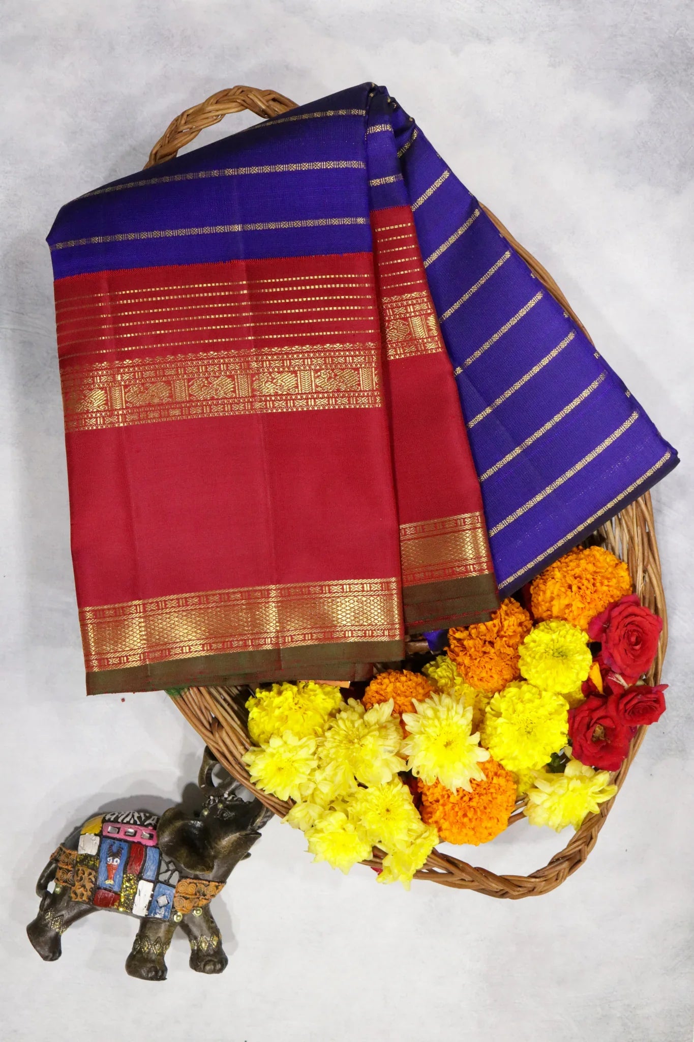 Royal Blue Kanchipuram Silk Saree with Zari Stripes and Contrast Border - Mokshaa