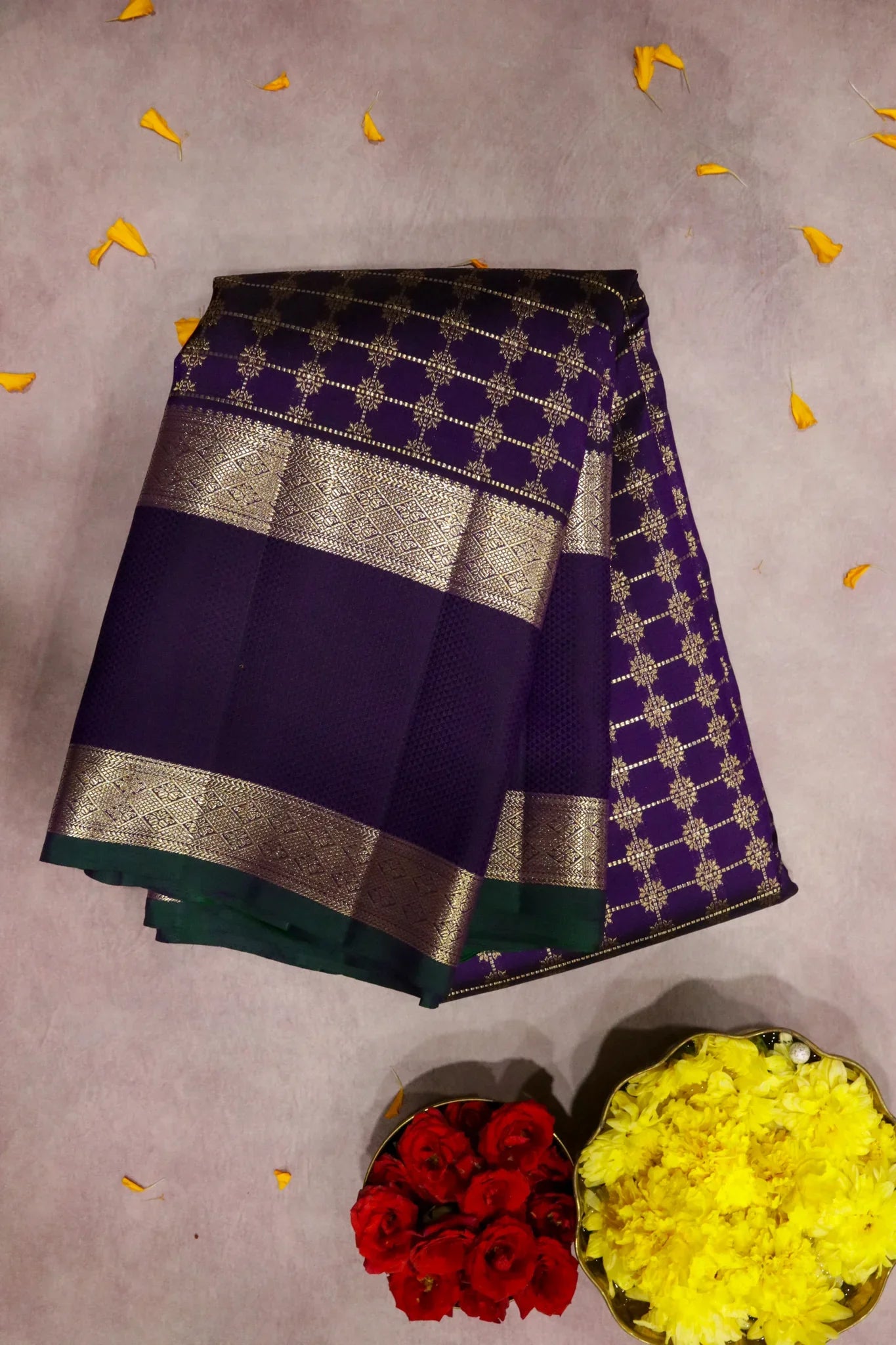 Purple Kanchipuram Silk Saree with Fancy Zari Checks and Zari Border - Mokshaa