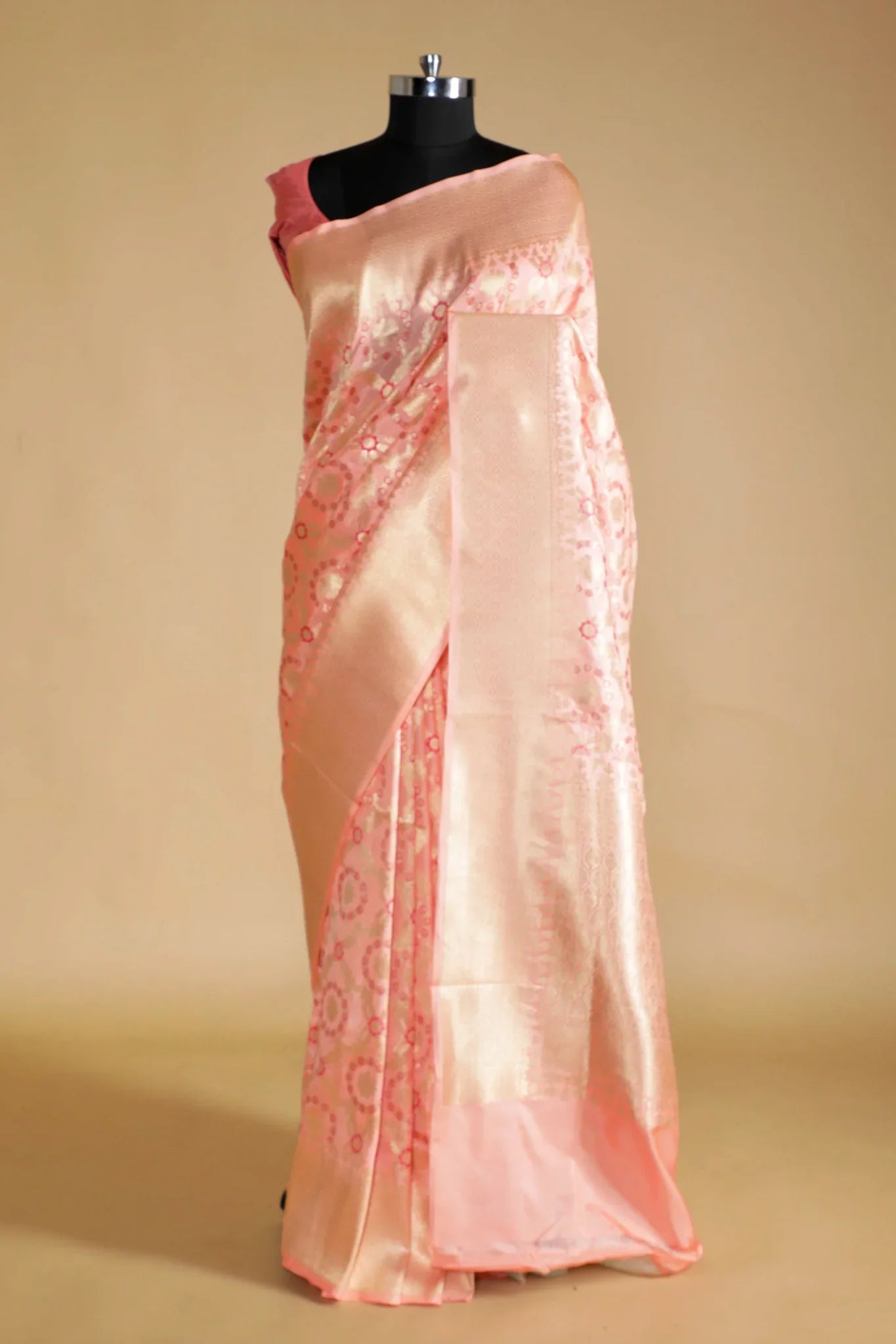 Peach Banarasi Silk Saree with All-Over Zari & Thread Weaving - Mokshaa