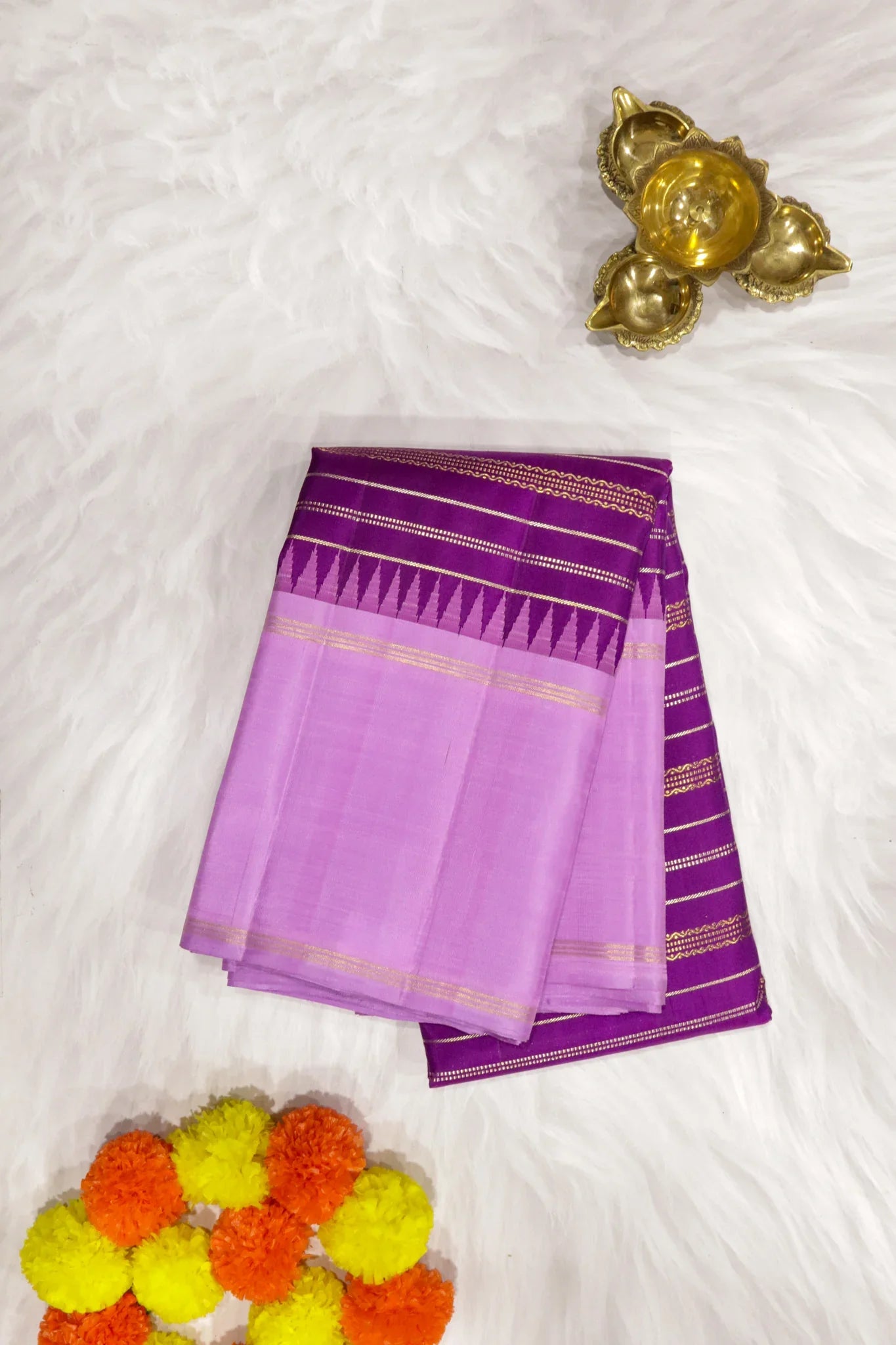 Purple Kanchipuram Silk Saree with Gold & Silver Zari Stripes and Contrast Silk Border - Mokshaa