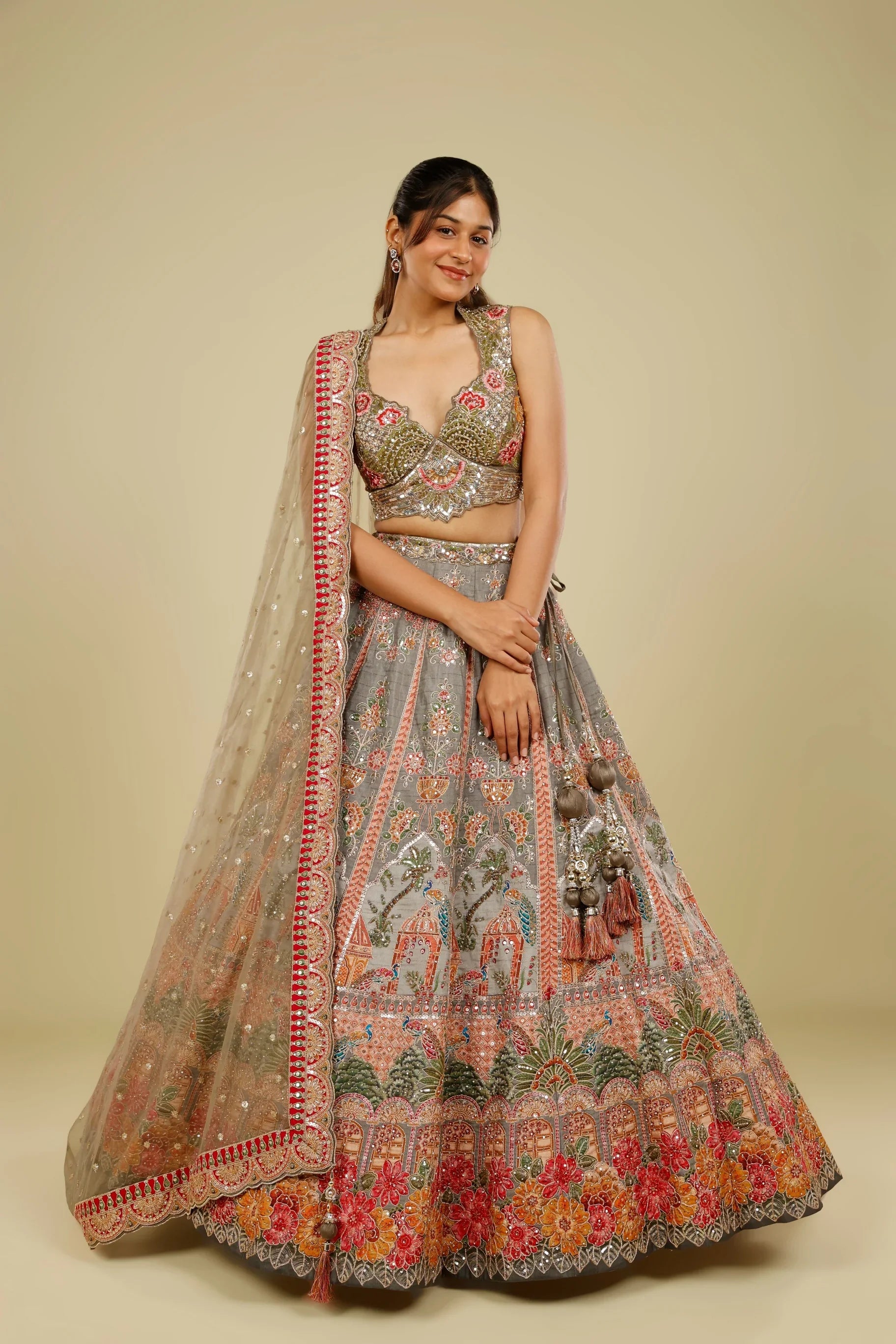 Grey Silk Lehenga Set with Zari, Stone & Sequin Embroidery - Mokshaa