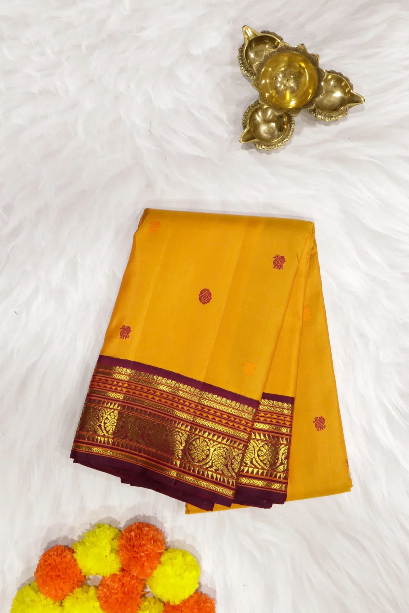Pastel Orange Kanchipuram Silk Saree with Silk Thread Motifs & Contrast Zari Border - Mokshaa