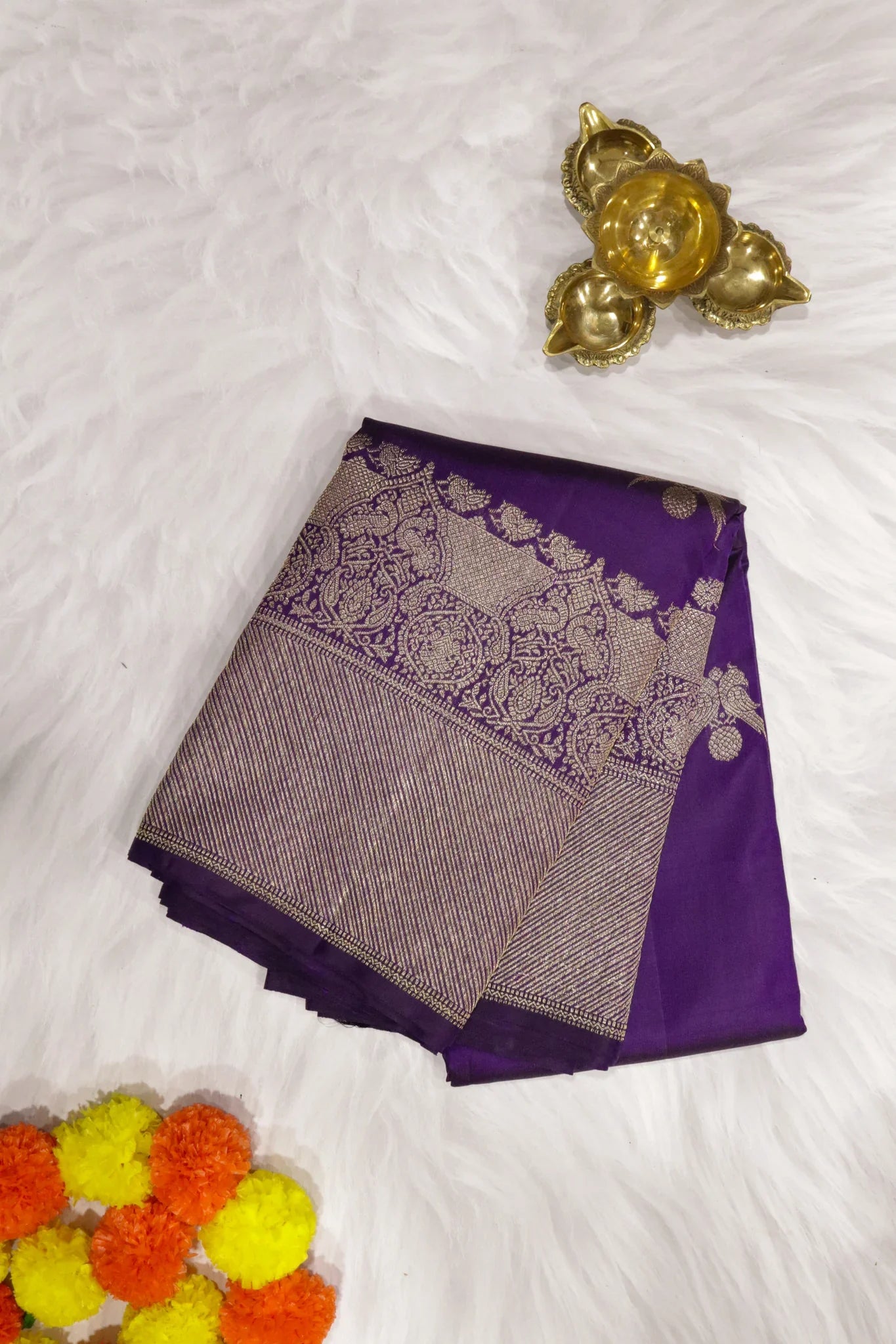 Purple Kanchipuram Silk Saree with Parrot Zari Motifs & Zari Weaving Border - Mokshaa