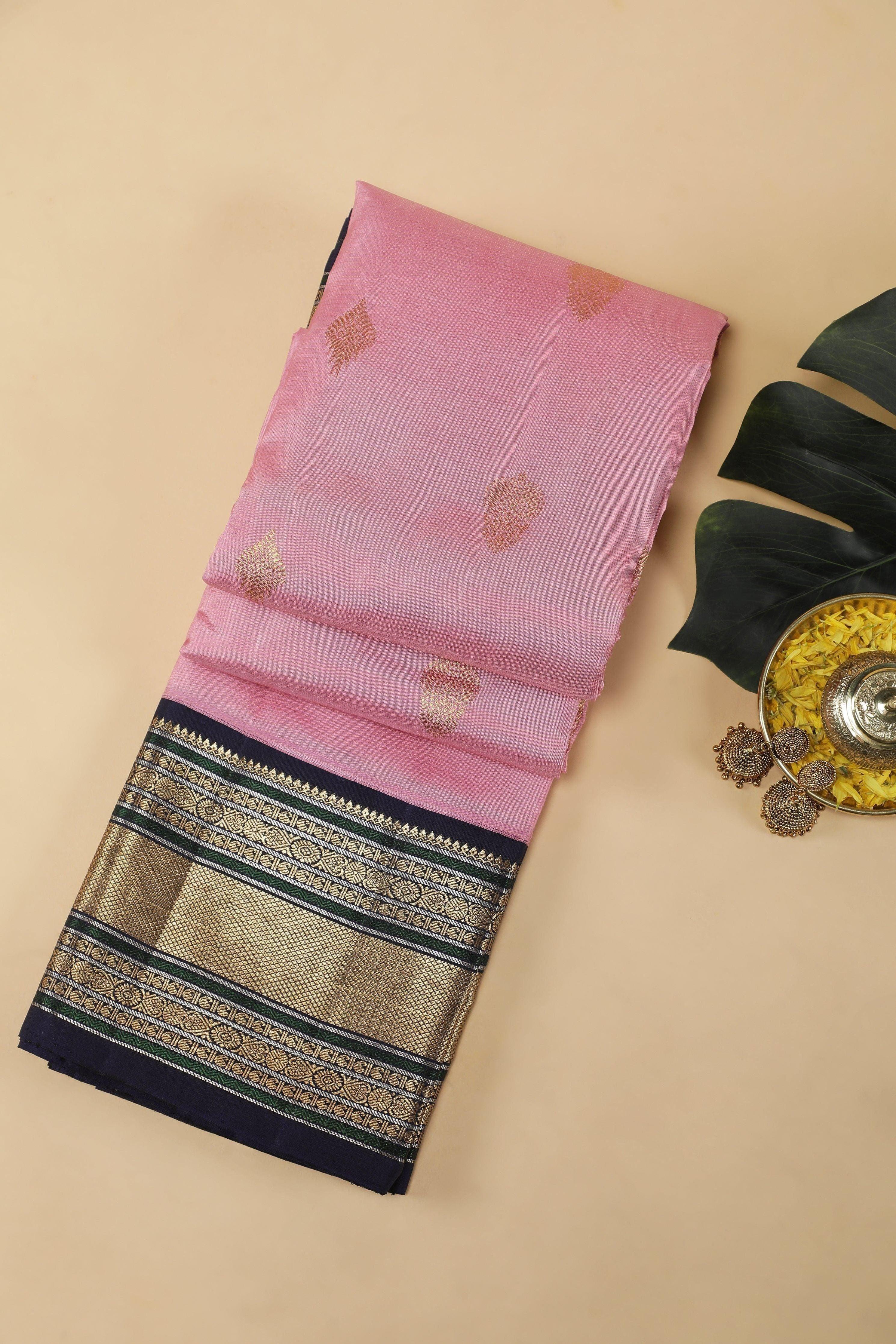 Light Pink Kanchipuram Silk Saree with Zari Motifs and Traditional Border - Mokshaa