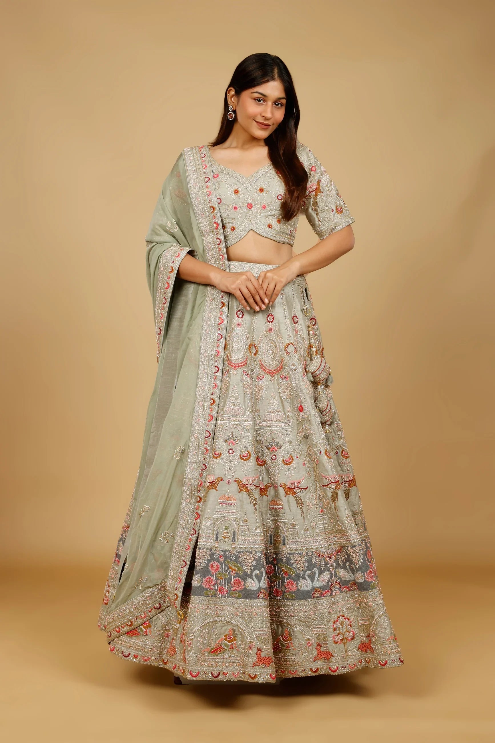Sage Green Raw Silk Bridal Lehenga Set with Zardozi, Cutdana & Pearl Embroidery - Mokshaa