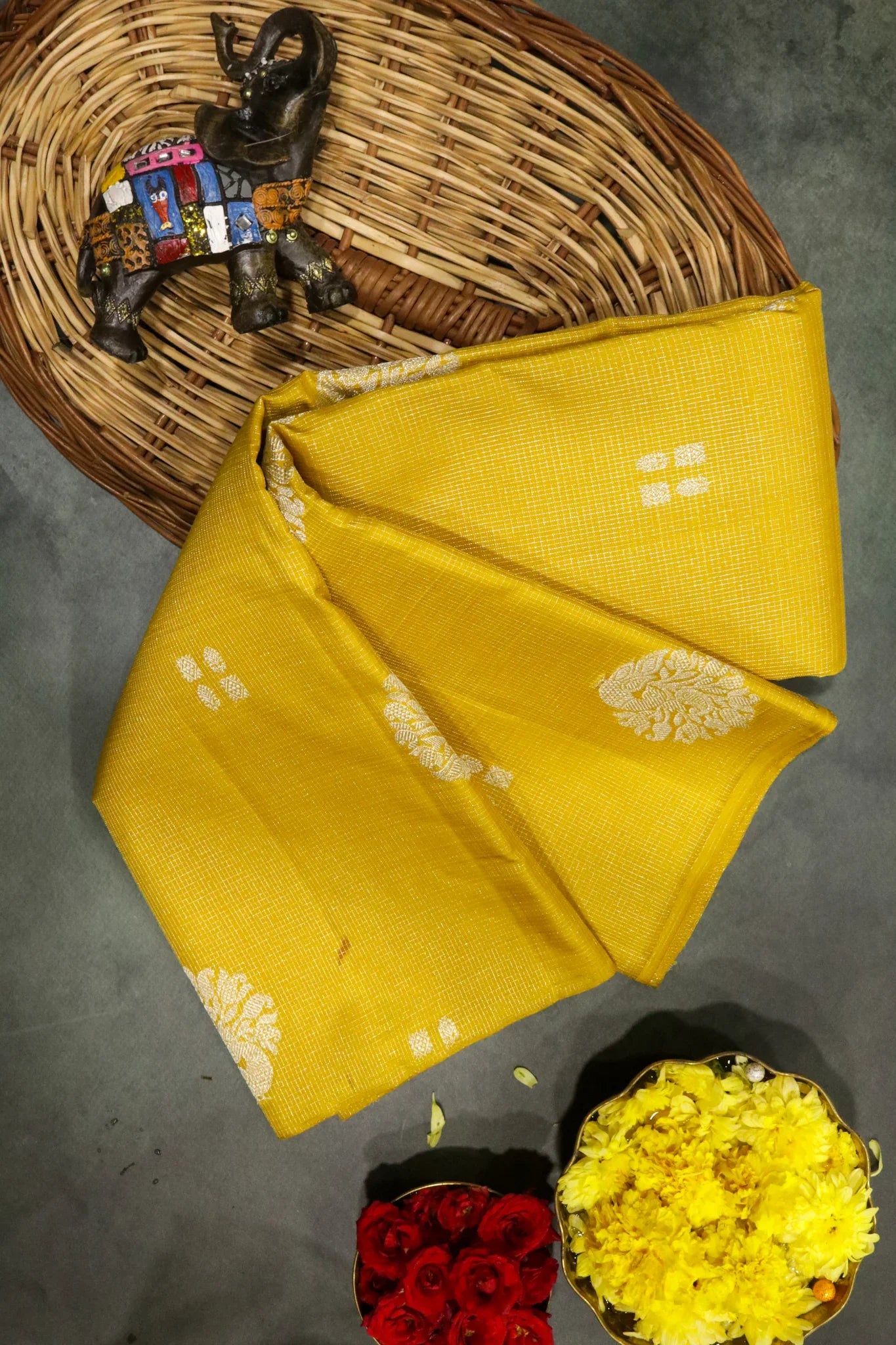 Yellow Kanchipuram Silk Saree with Small Silver Zari Checks & Motifs - Mokshaa