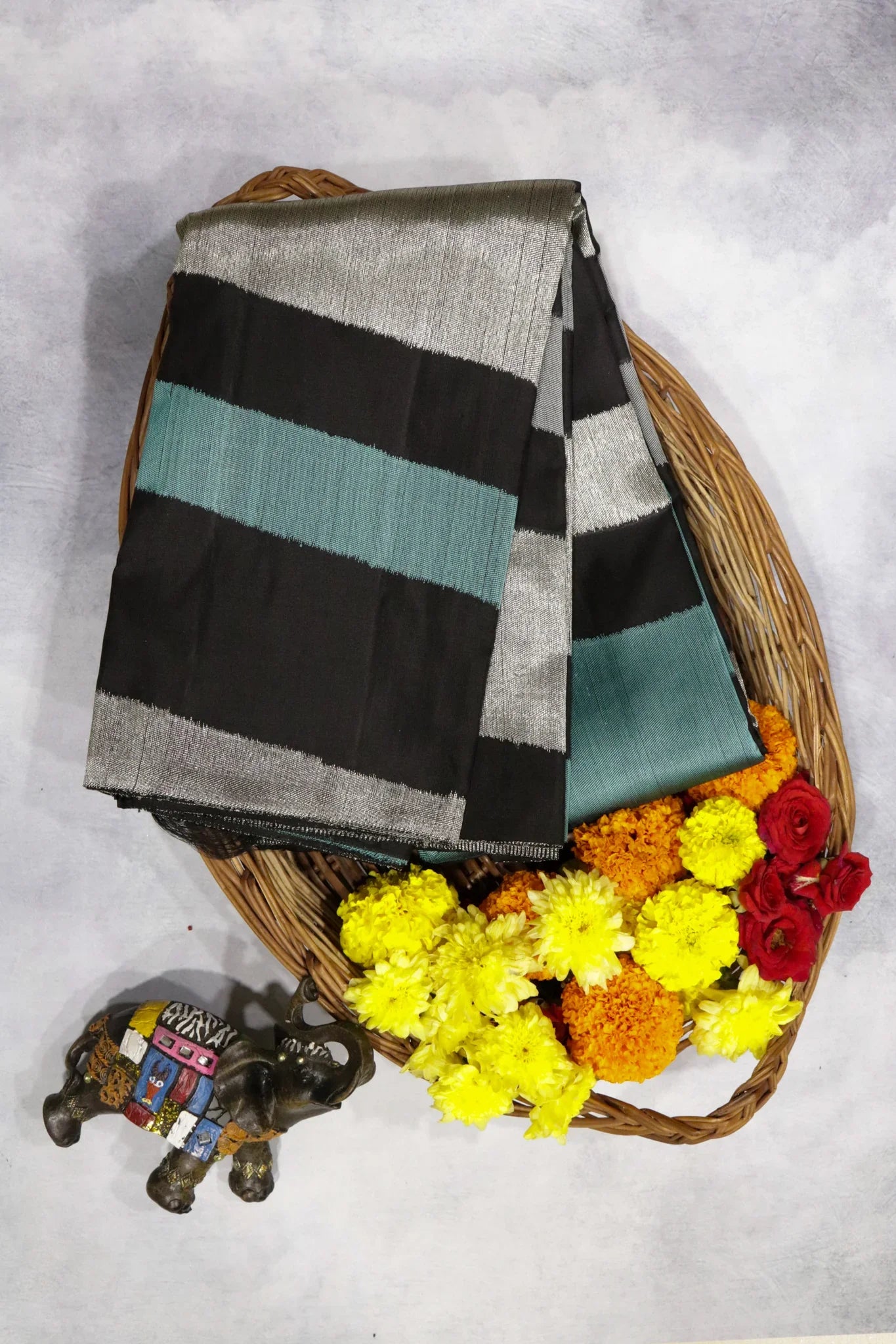 Black Kanchipuram Silk Saree with Silver & Blue Thread Striped Weaving - Mokshaa
