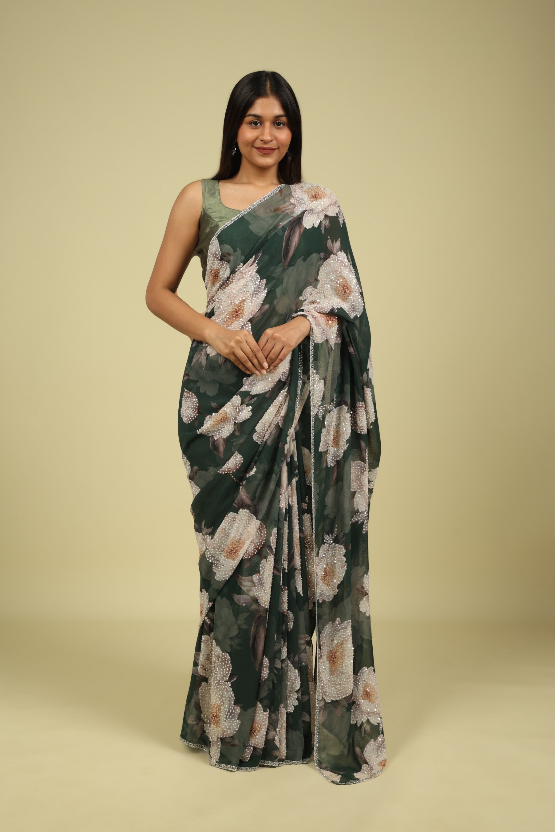Dusty Green Saree with All-Over Digital Print & Sequin Highlights - Mokshaa