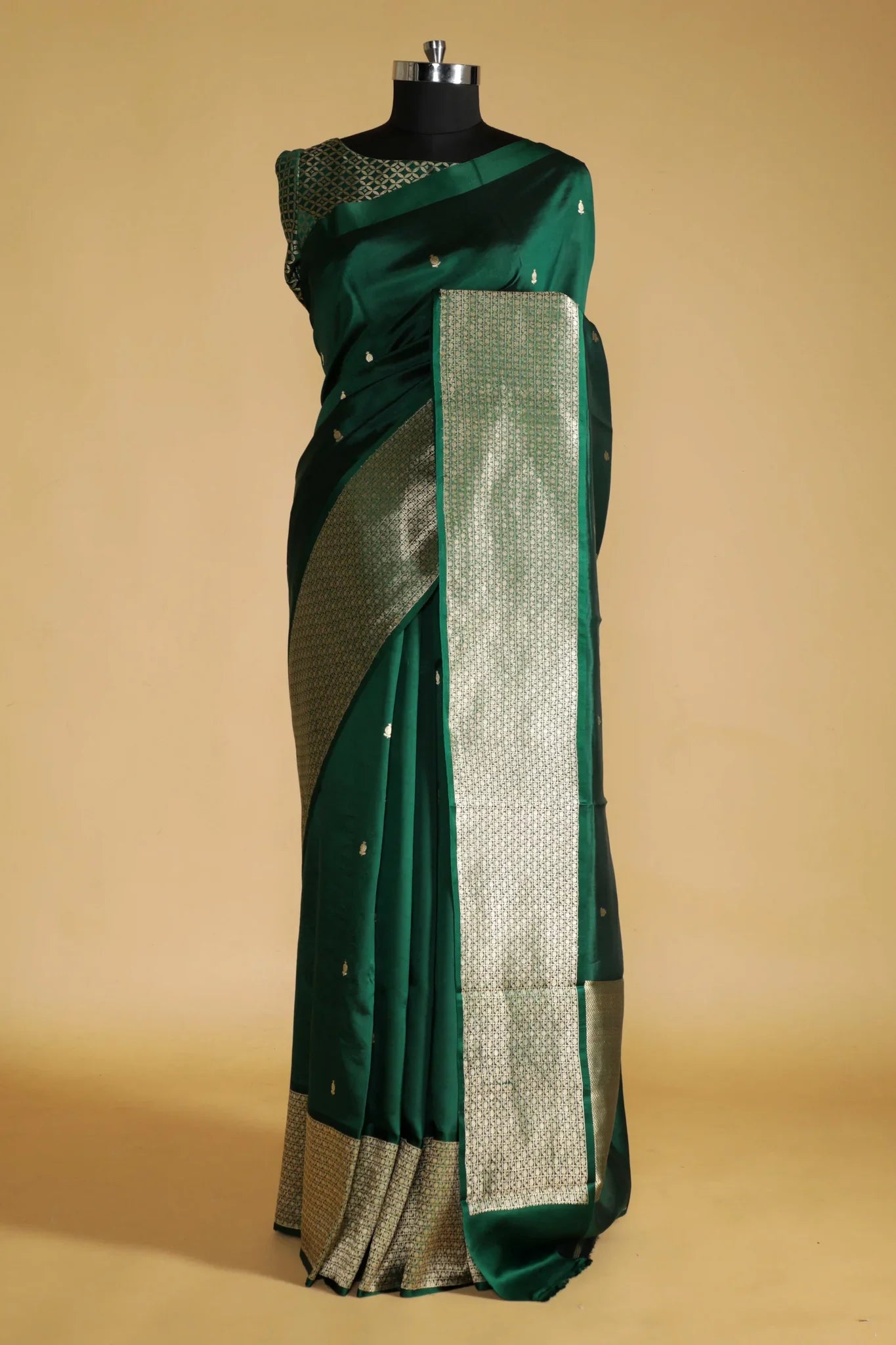 Bottle Green Banarasi Silk Saree with All-Over Buttas & Zari Border - Mokshaa