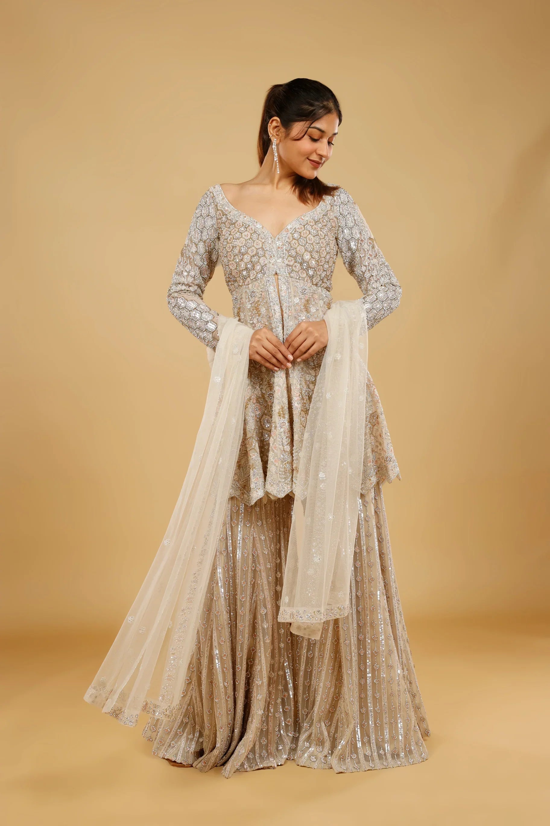 Ivory Net Sharara Set with Stone, Kundan & Sequin Embroidery - Mokshaa