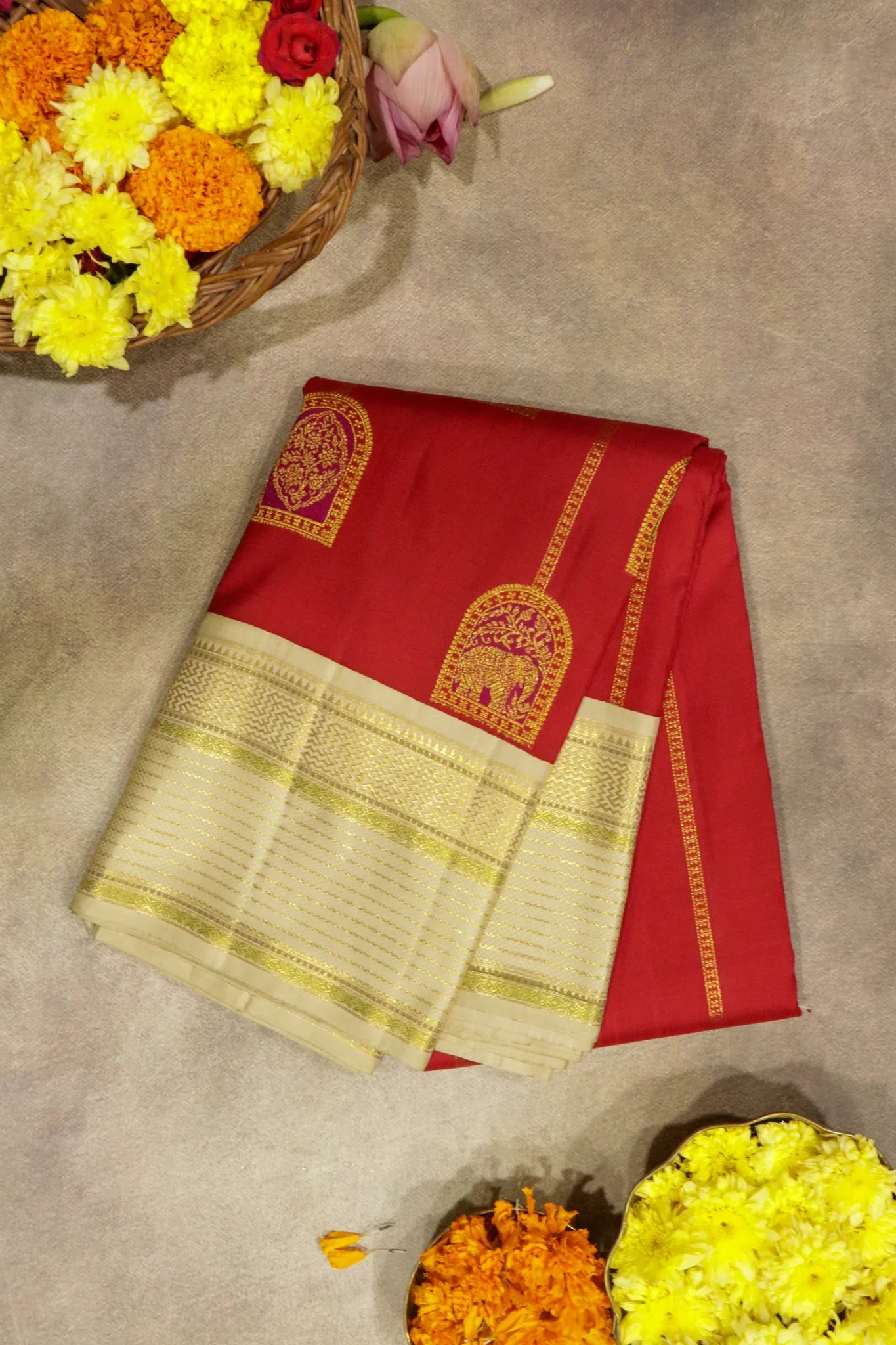 Maroon Kanchipuram Silk Saree with Zari Stripes, Motifs & Contrast Zari Border - Mokshaa
