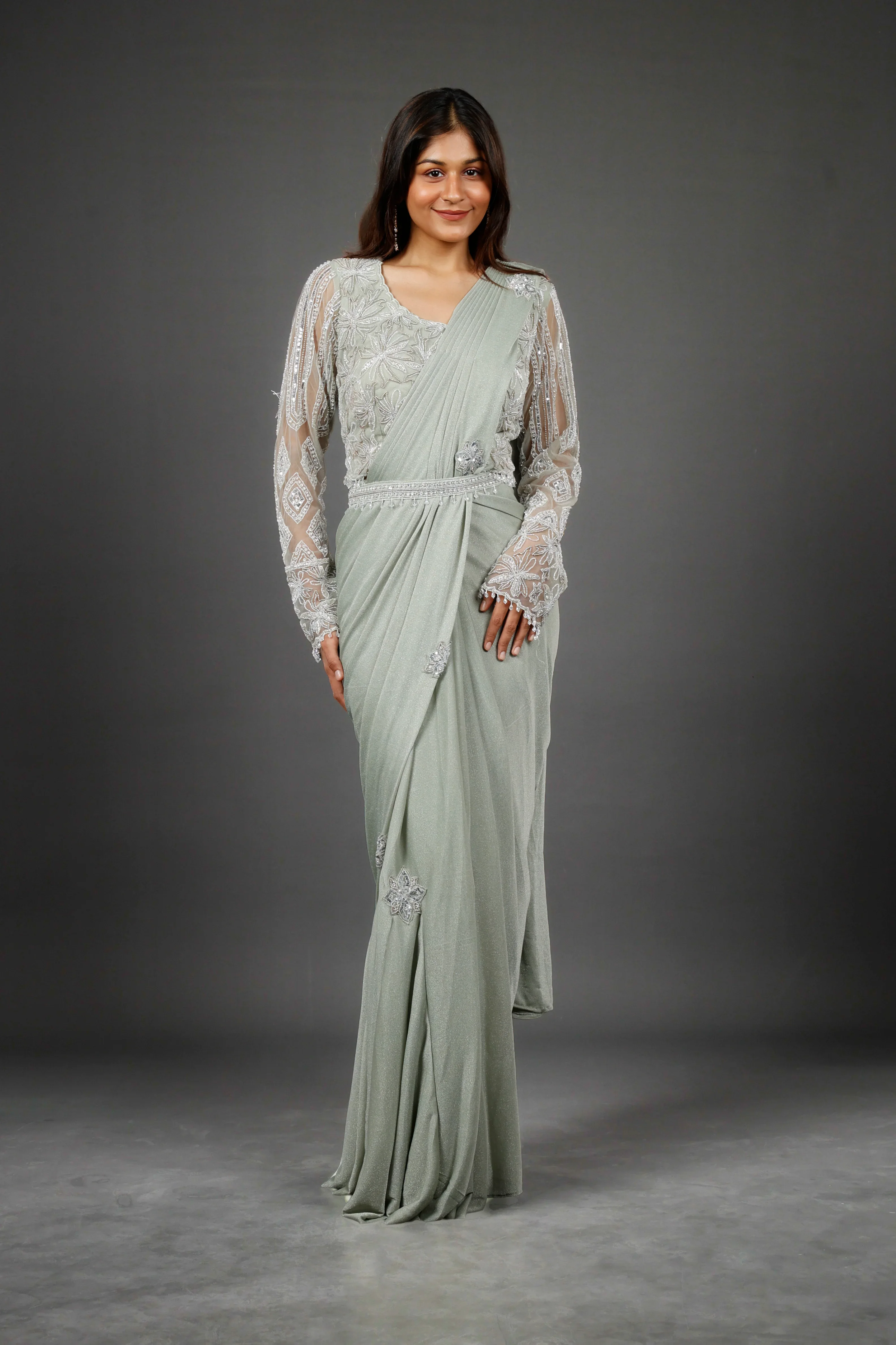 Sage Green Shimmer Drape Saree with Kutdana & Pearl Embroidery - Mokshaa