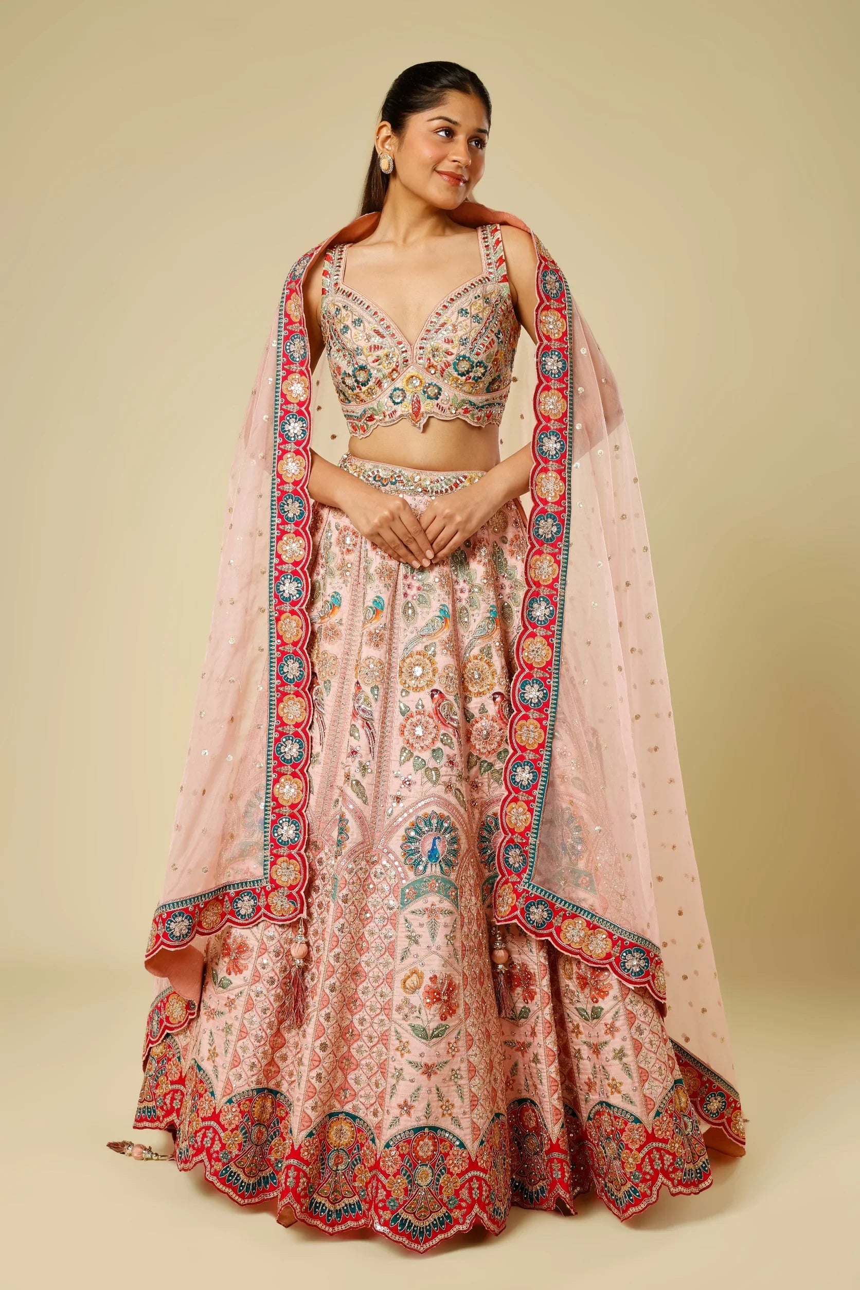 Blush Pink Silk Lehenga Set with Zari, Sequin & Stone Embroidery - Mokshaa