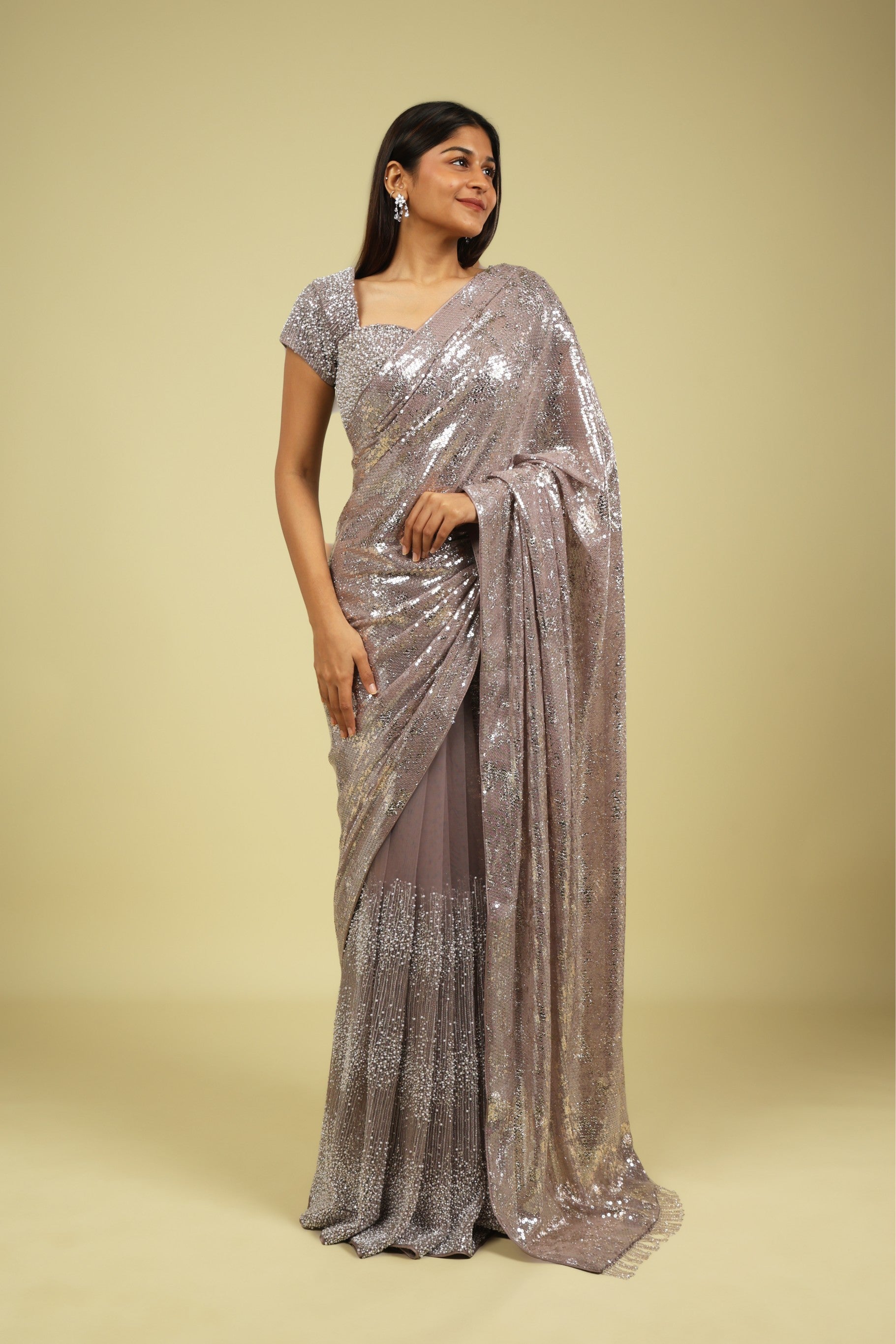 Lavender Half-and-Half Georgette & Net Saree with Sequin, Bead & Pearl Work - Mokshaa