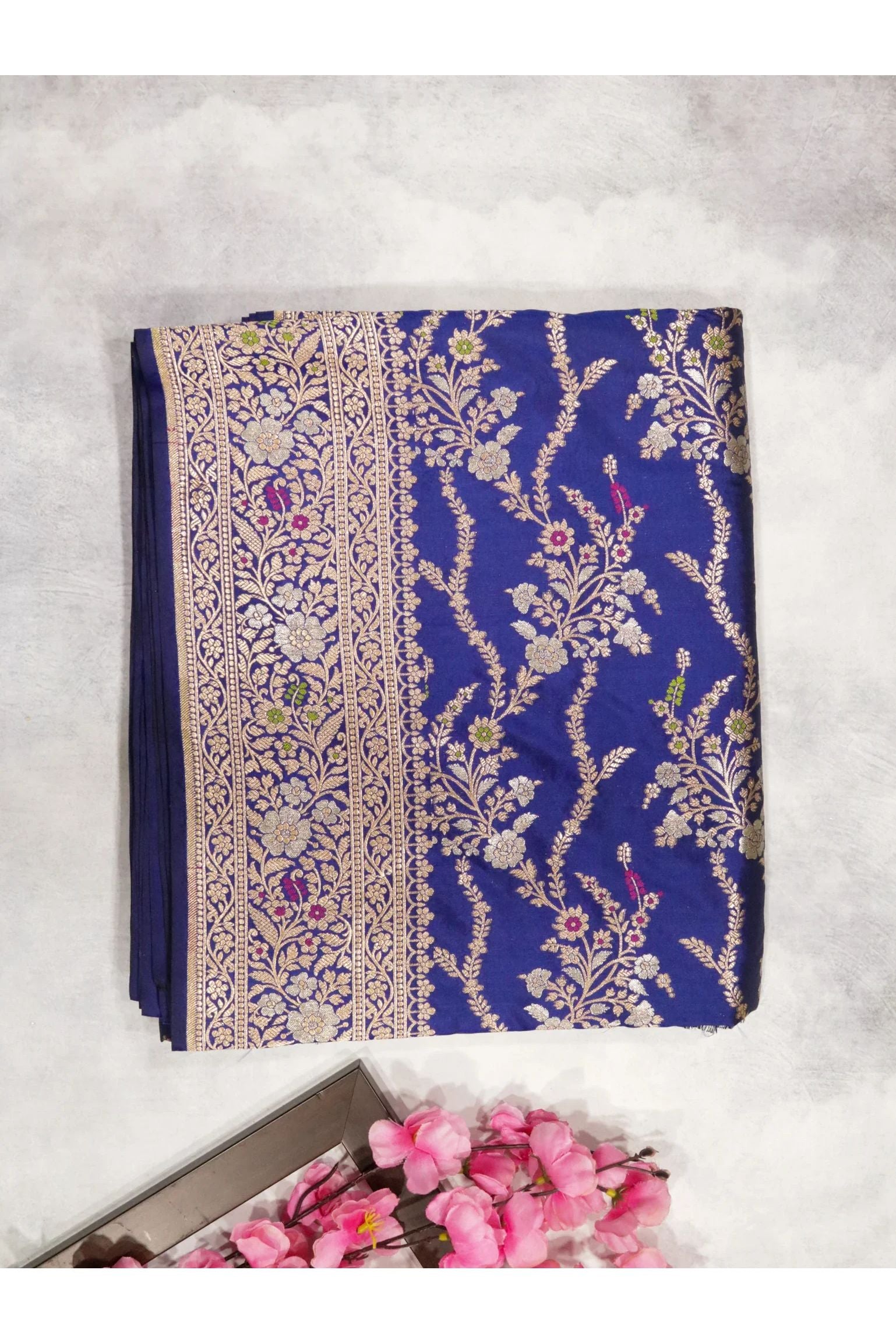 Ink Blue Banarasi Silk Saree with Zari Weaving & Meenakari Thread Work - Mokshaa