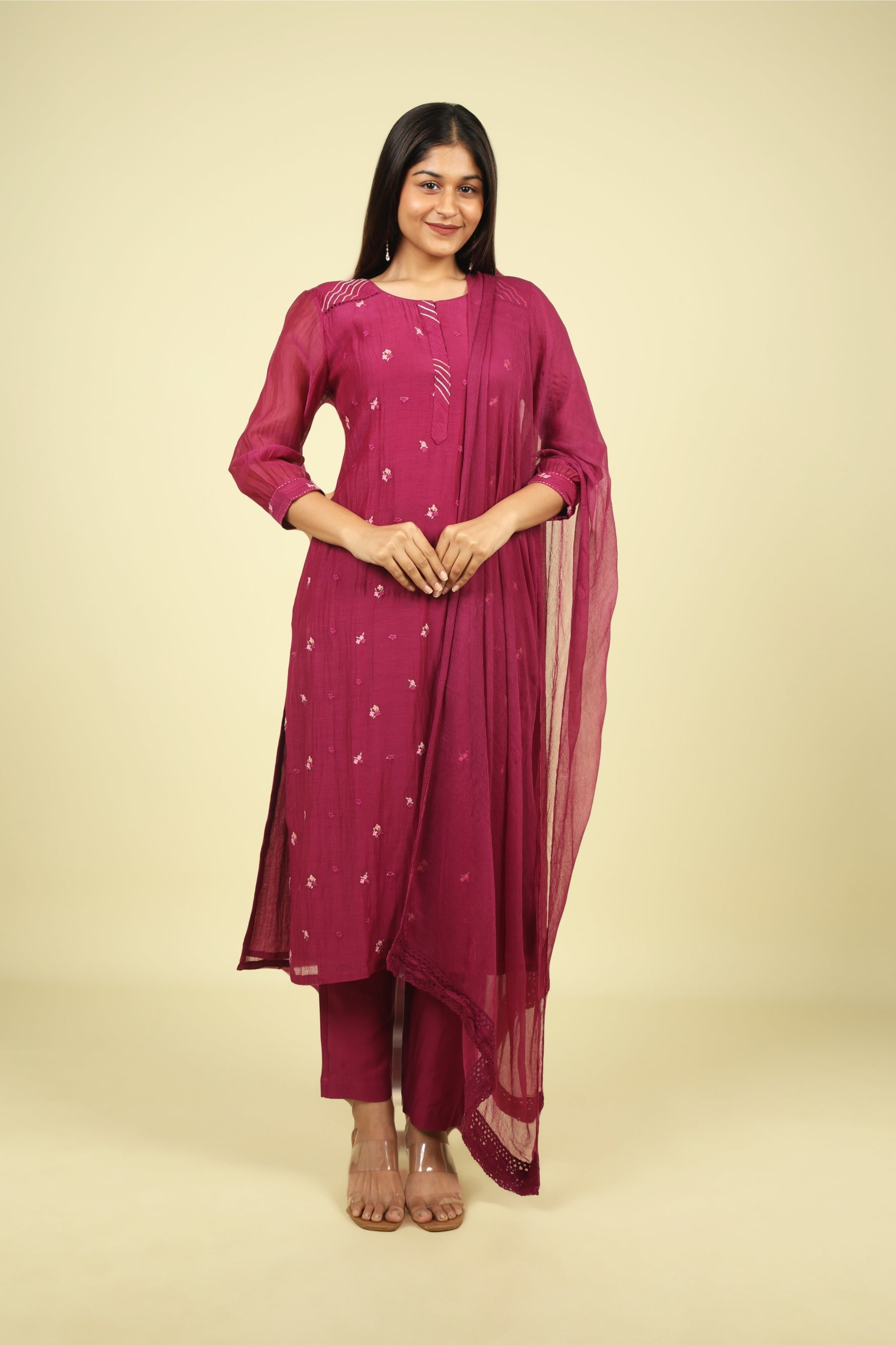 Magenta Mul Chanderi Straight Cut Salwar Set with Chiffon Dupatta - Mokshaa