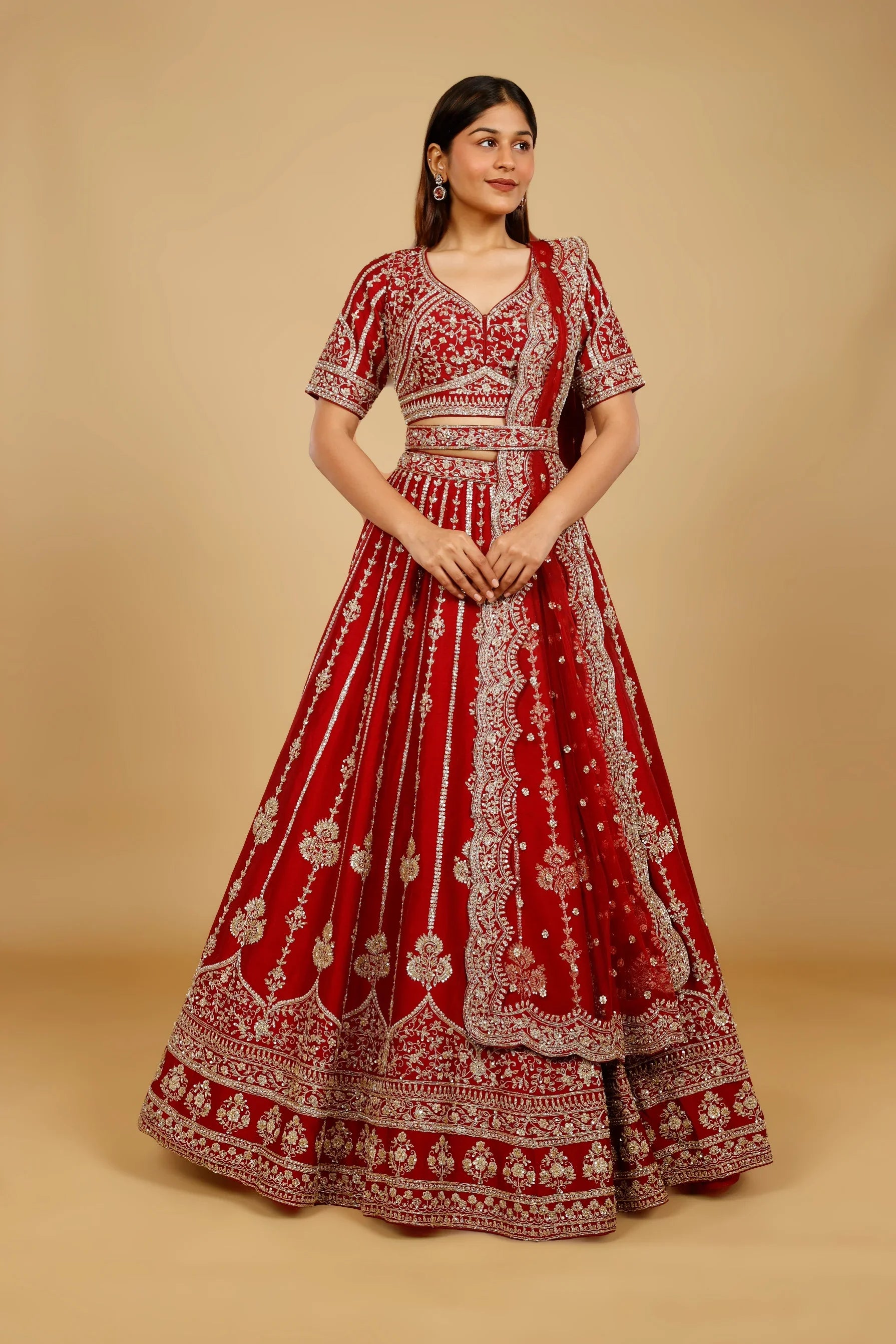 Maroon Raw Silk Bridal Lehenga Set with Zari, Sequin & Pearl Embroidery - Mokshaa