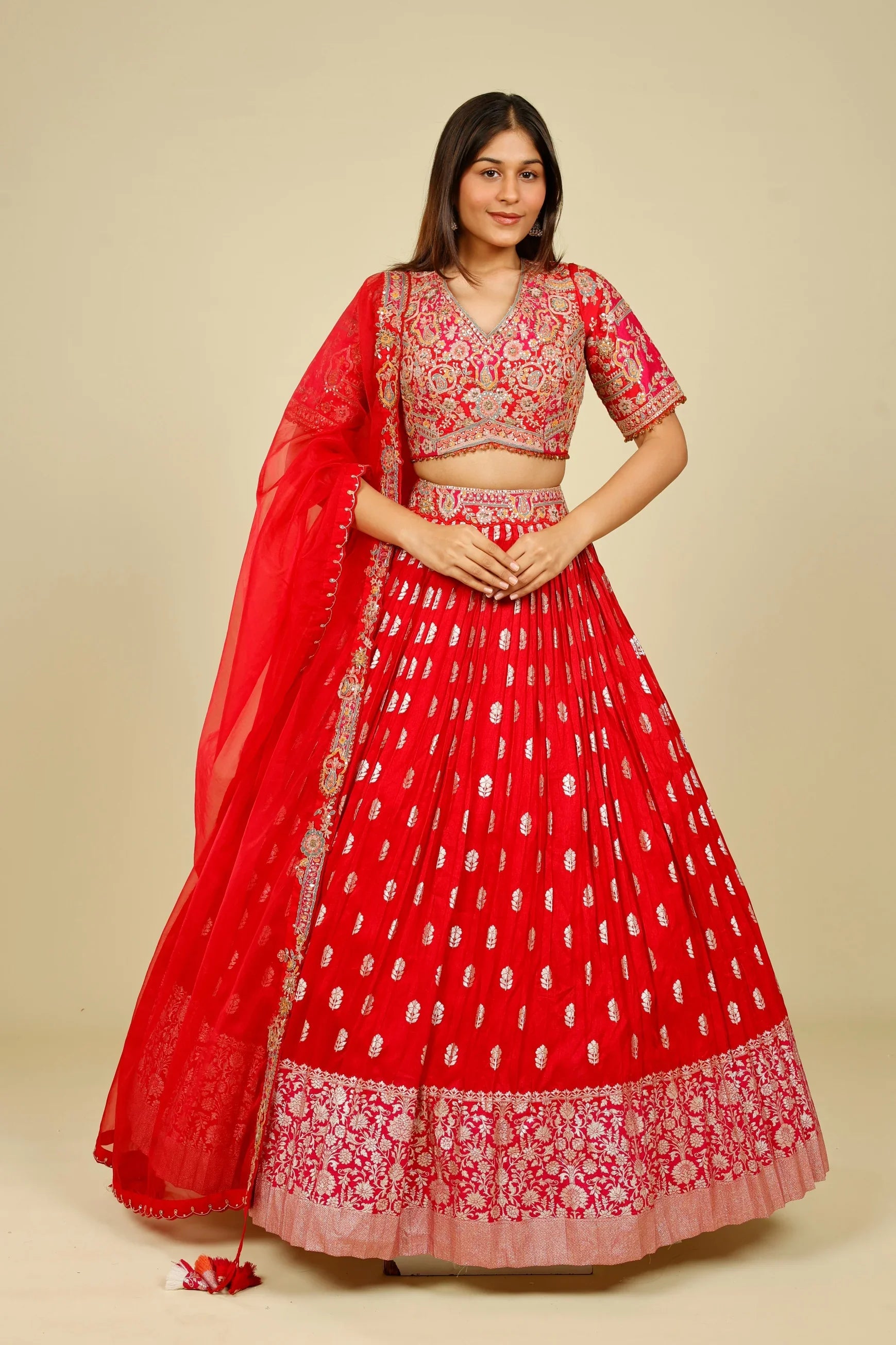 Red & Pink Banarasi Silk Lehenga Set with Zari & Sequin Embroidery - Mokshaa