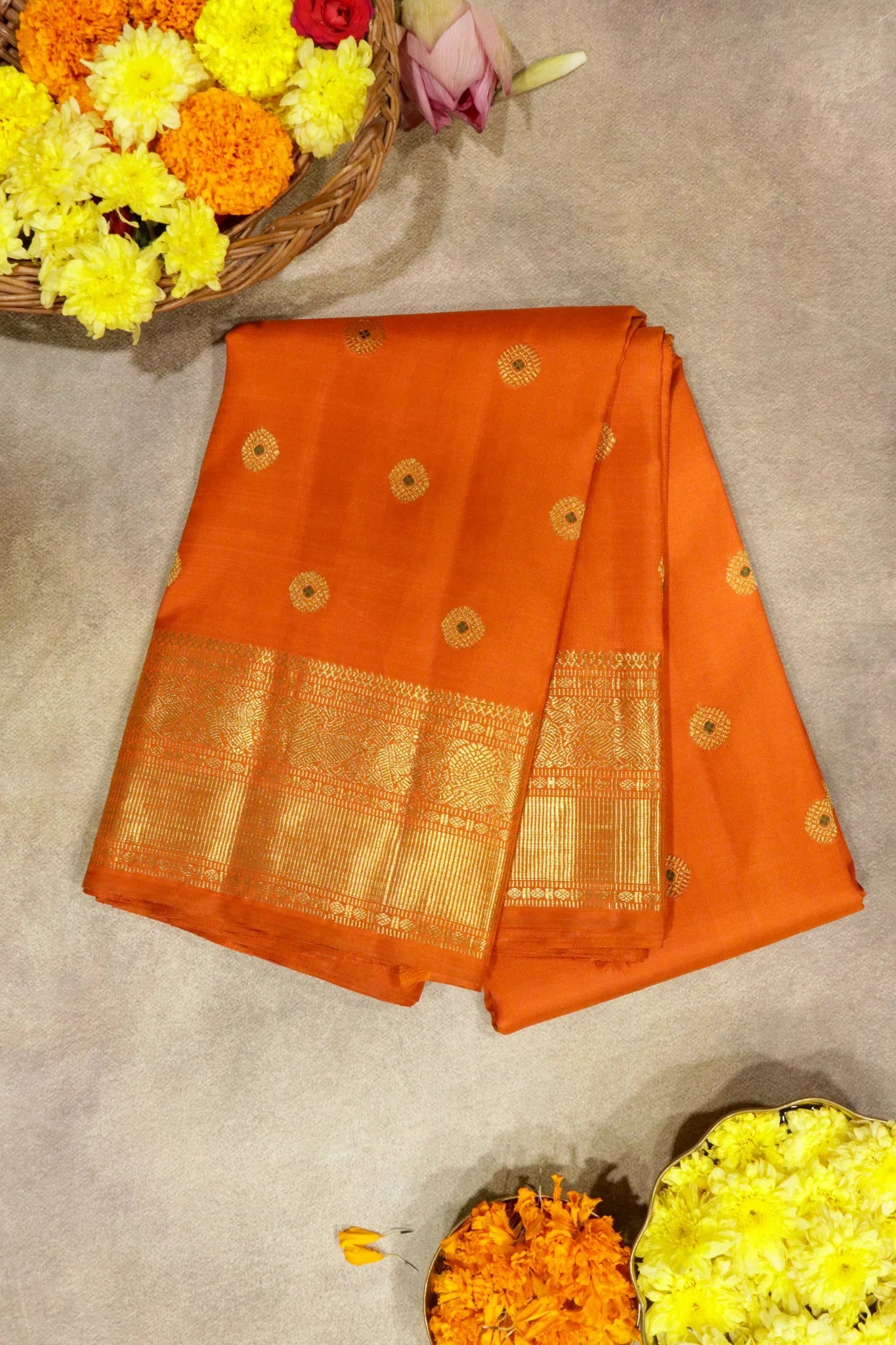 Orange Kanchipuram Silk Saree with All-Over Motifs and Zari Border - Mokshaa