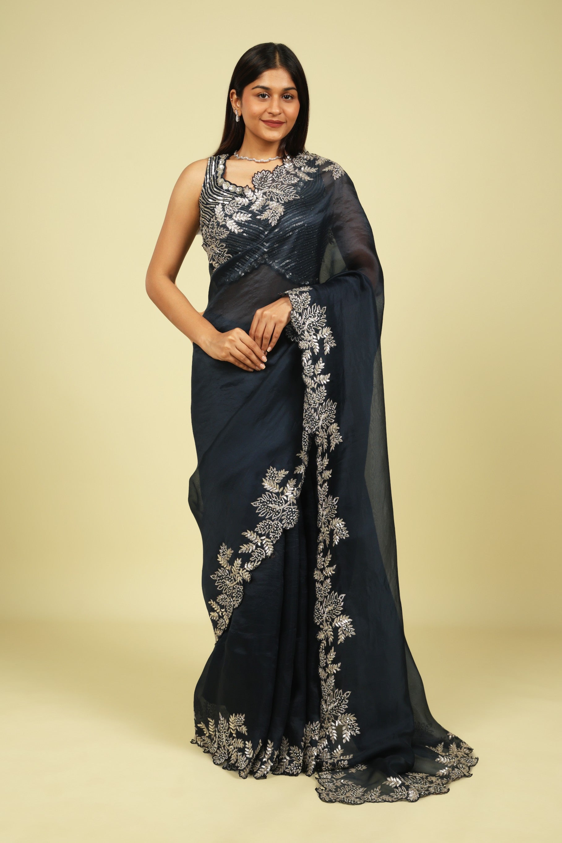 Navy Blue Organza Saree with Aari Beads, Sequins & Fancy Cut Border - Mokshaa