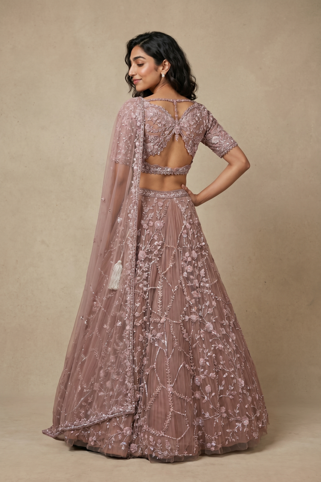 Onion Pink Net Lehenga with Sequin, Kardhana & Stone Embroidery