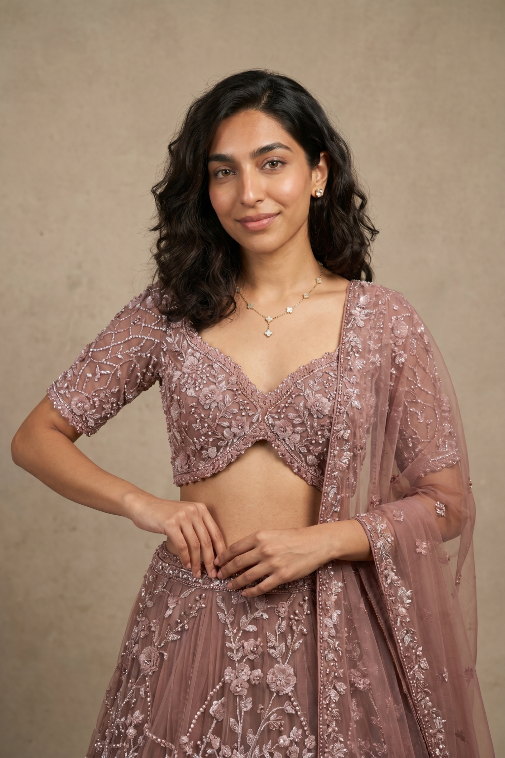 Onion Pink Net Lehenga with Sequin, Kardhana & Stone Embroidery