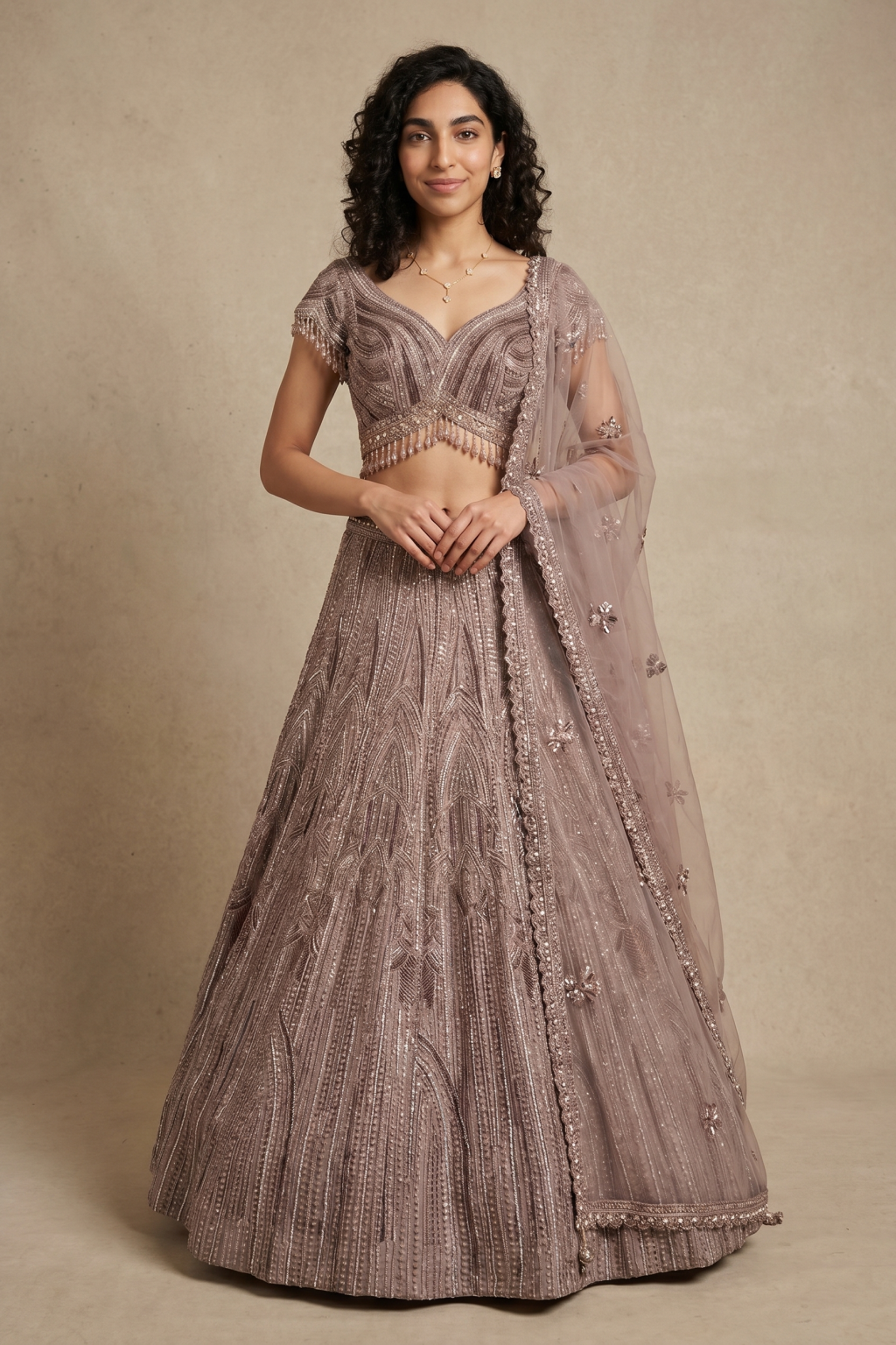 Mauve Net Lehenga Set