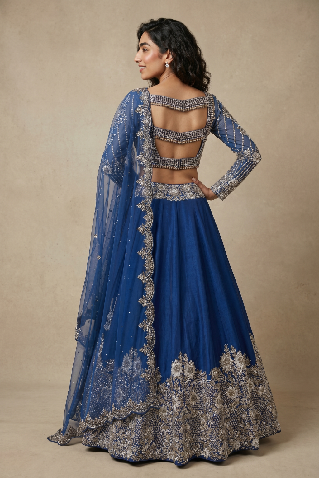 Blue Raw Silk Lehenga with Mirror & Pearl Embroidery