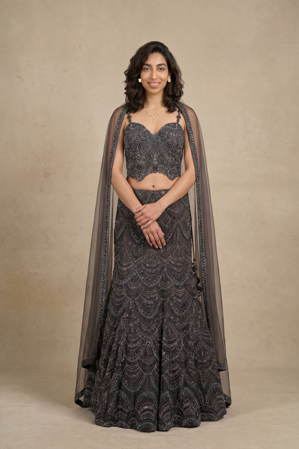 Charcoal Grey Net Lehenga set