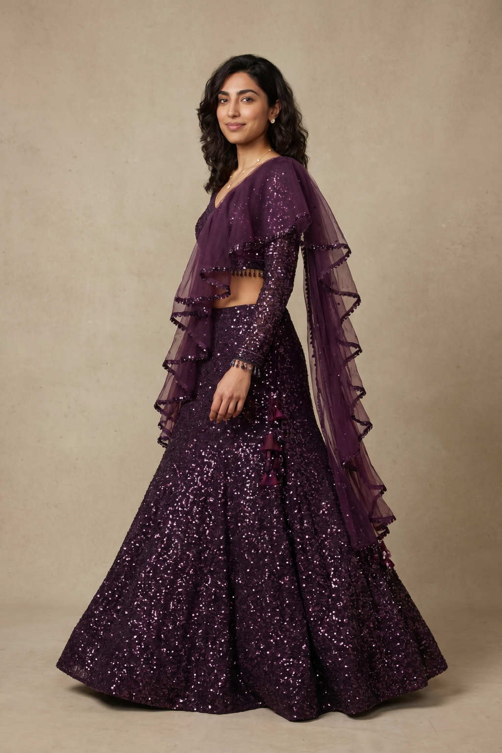 Wine Sequin Fish-Cut Lehenga