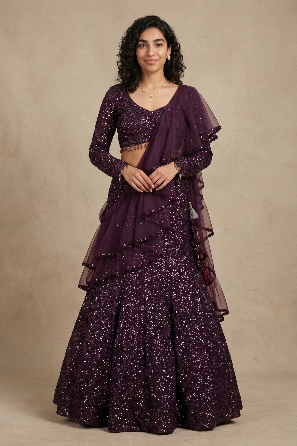 Wine Sequin Fish-Cut Lehenga