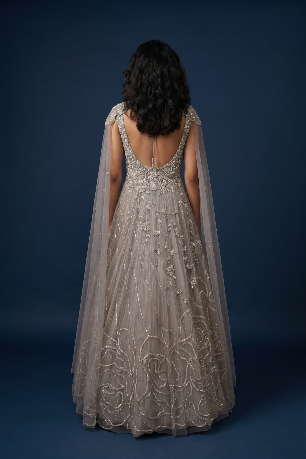 Champagne Gold Net Gown with Embellished Cape