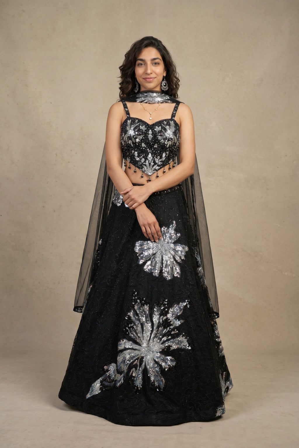Black Net Lehenga with Corset Blouse, Sequins, Beads & Cutdana Embroidery