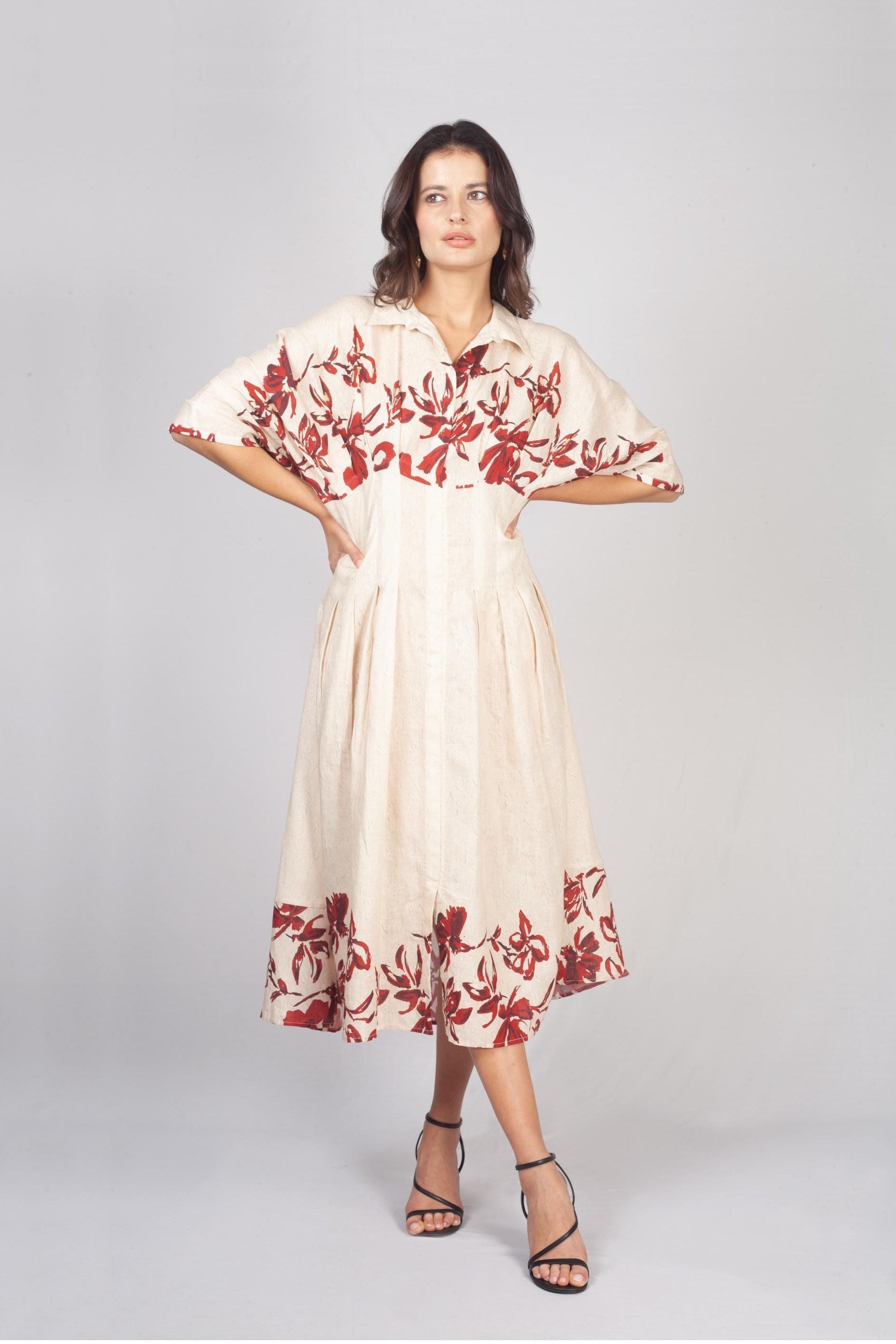 Beige Linen Floral Printed Dress