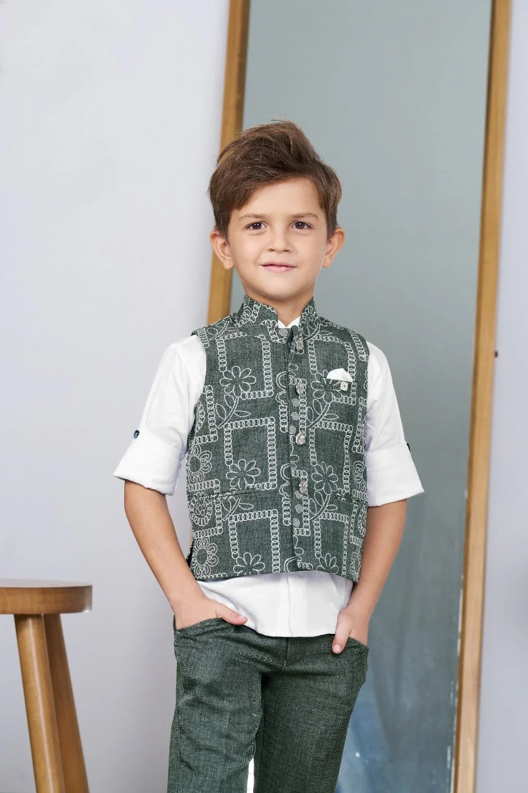 Green Printed Bandi Set for Boys - Mokshaa