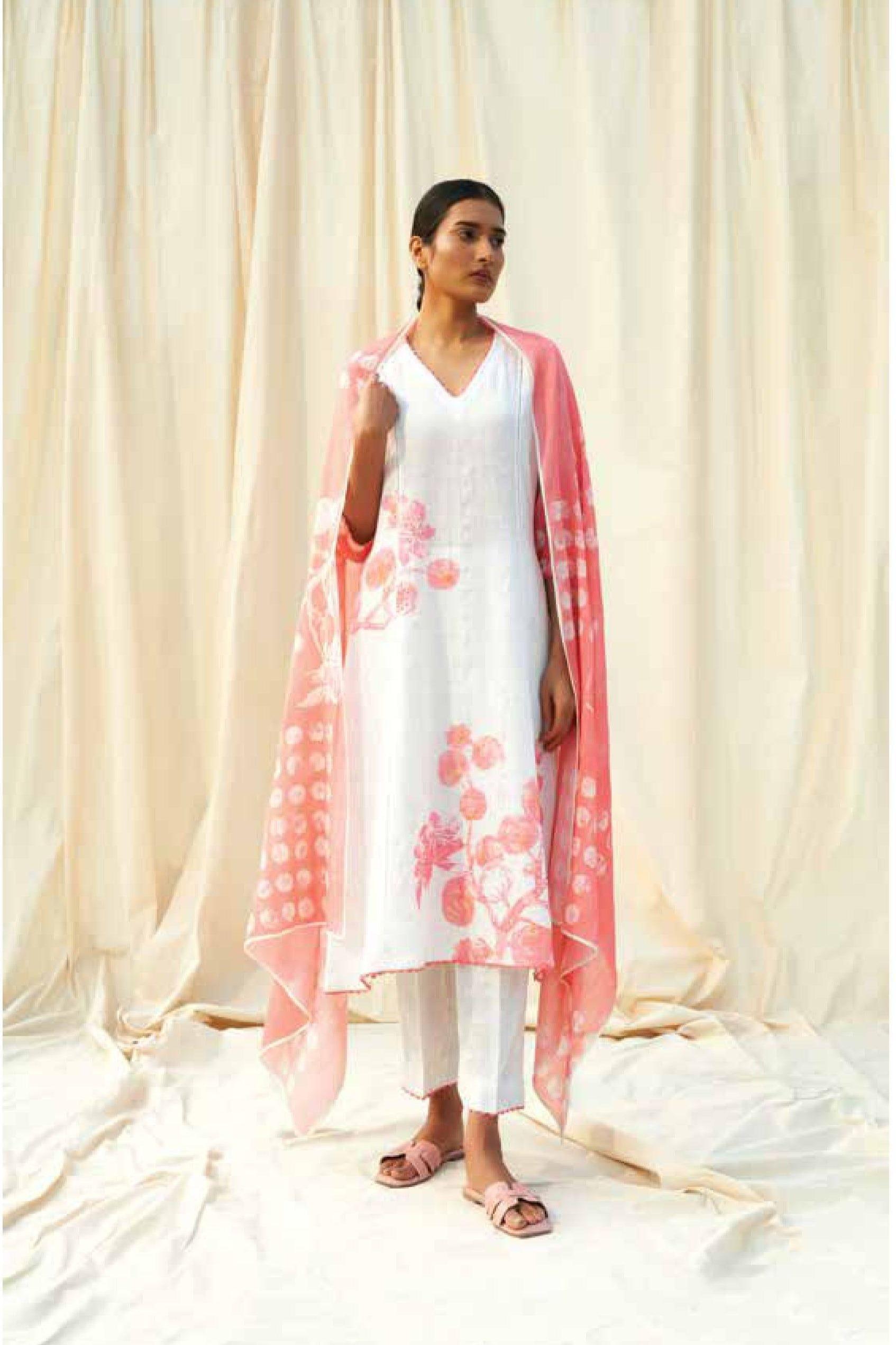 Ivory & Blush Pink Printed Kurta Set - Mokshaa