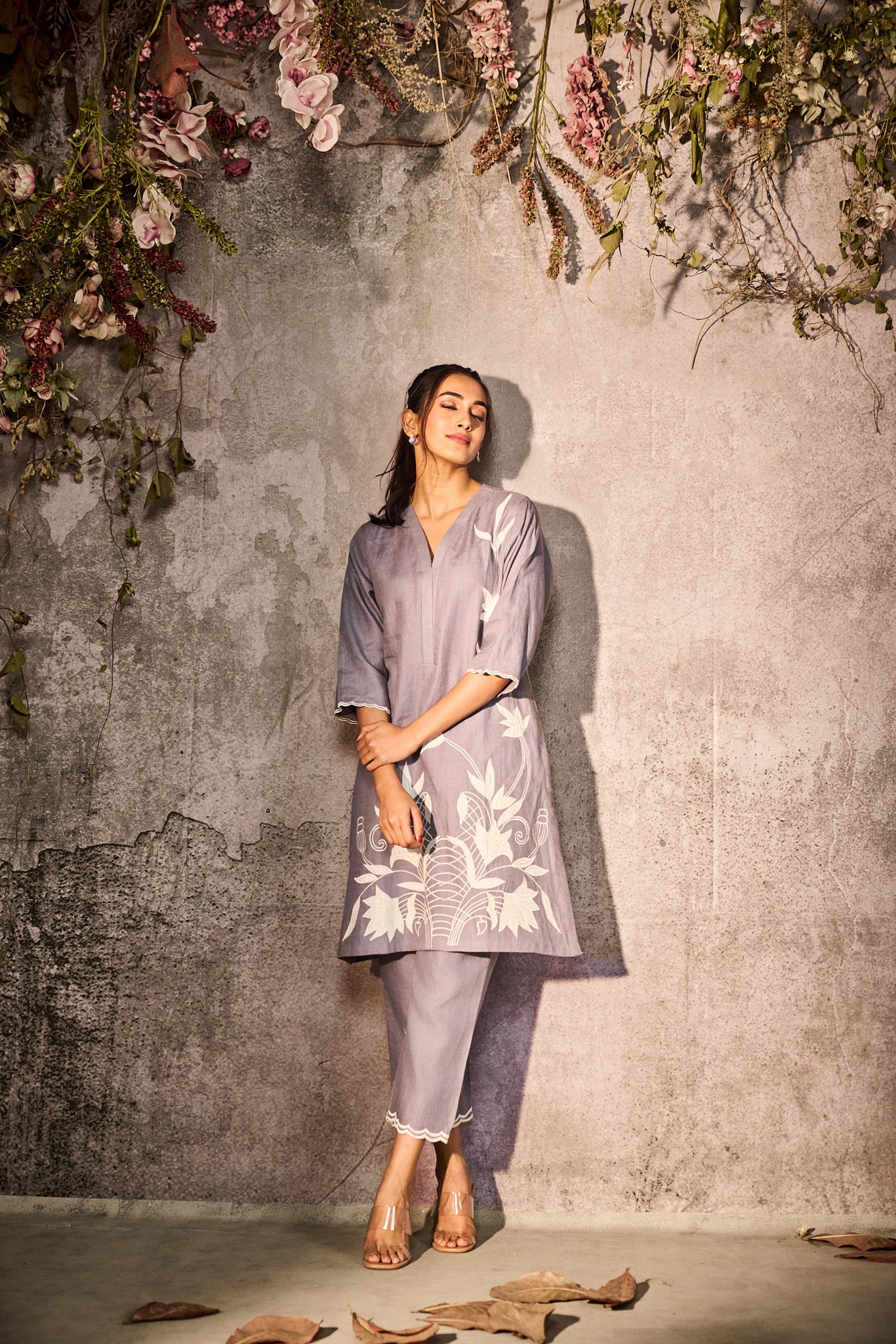 Lilac Grey Silk Kurti Set
