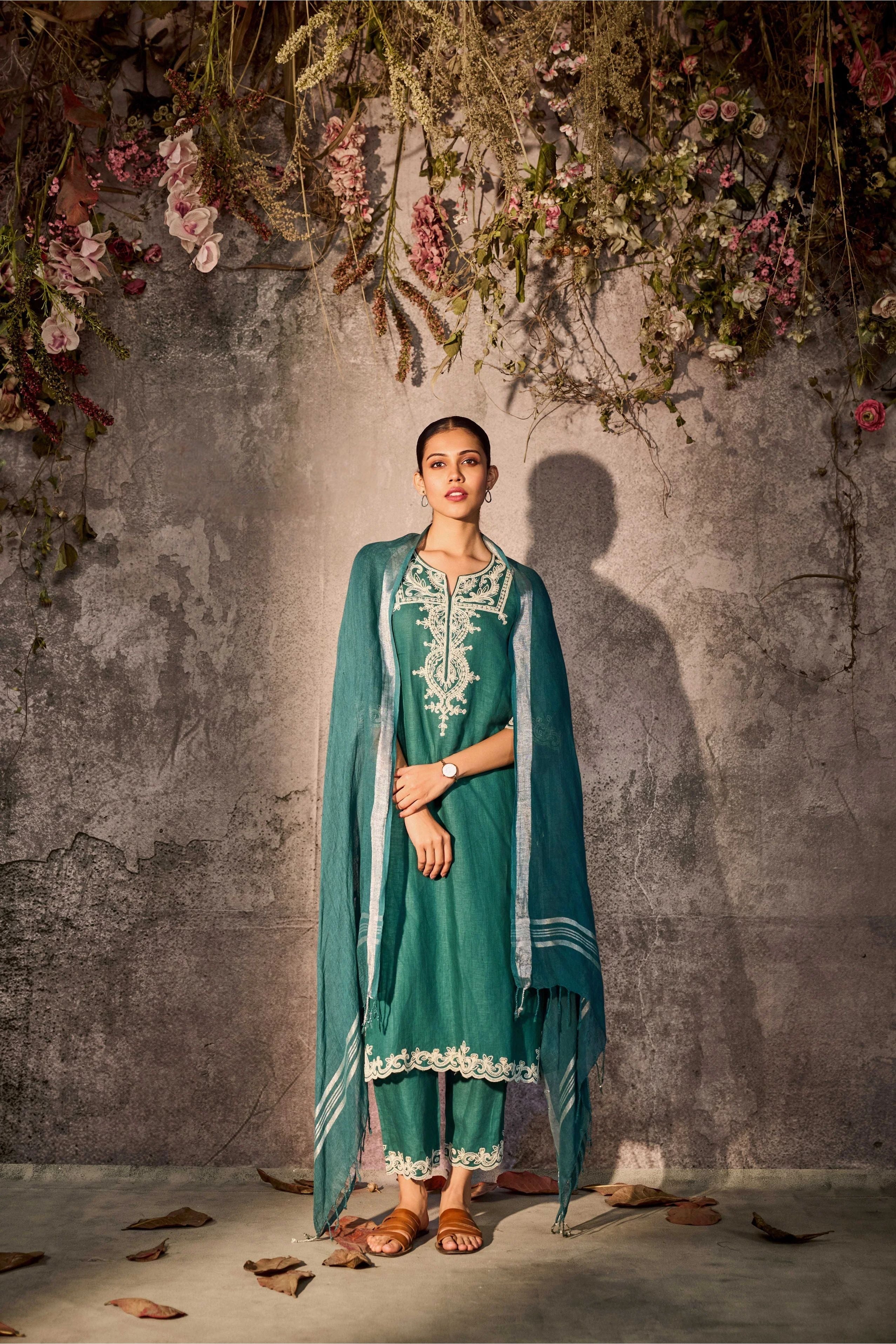 Teal Linen Kurta Set with Ivory Embroidery & Dupatta - Mokshaa