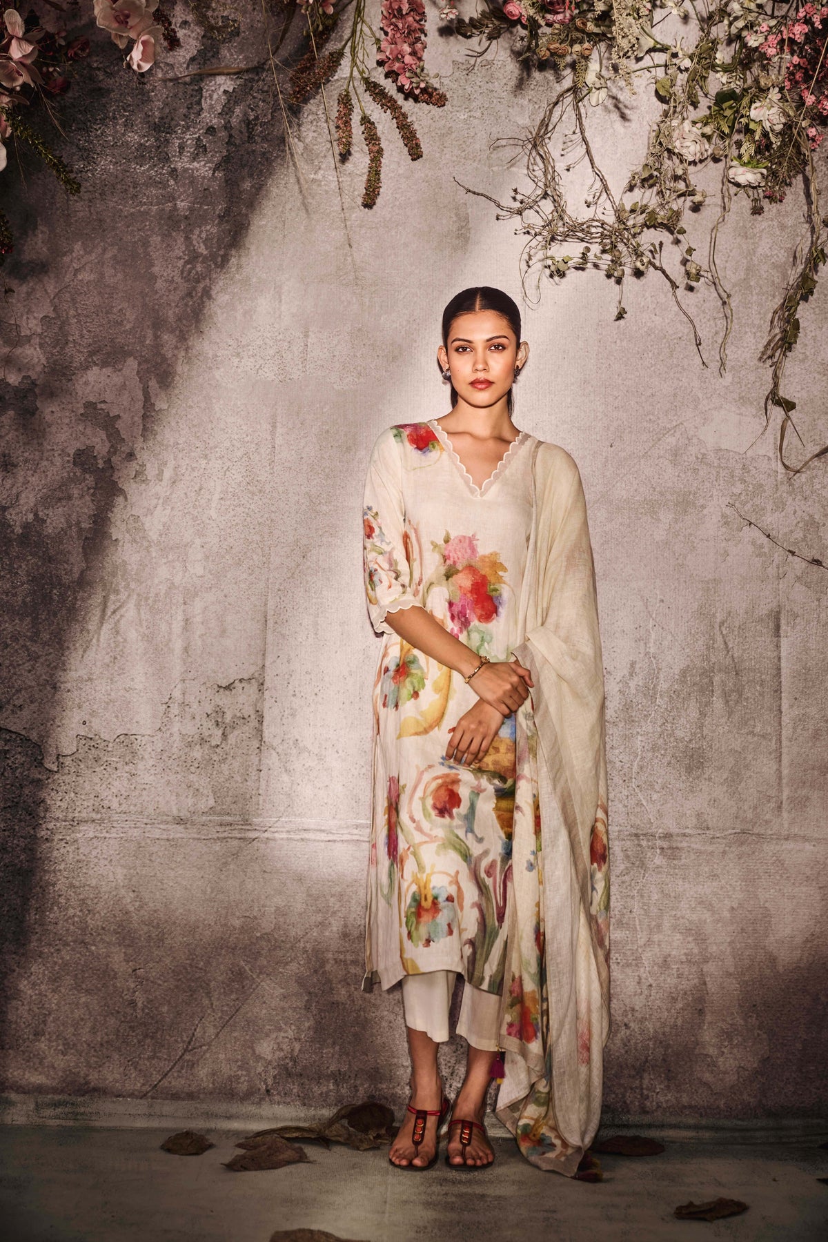 Ivory Linen Watercolor Floral Printed Kurta Set - Mokshaa