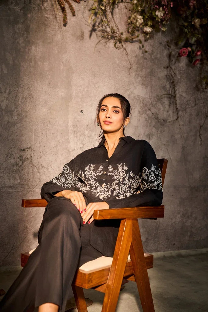 Black Linen Embroidered Co-Ord Set - Mokshaa