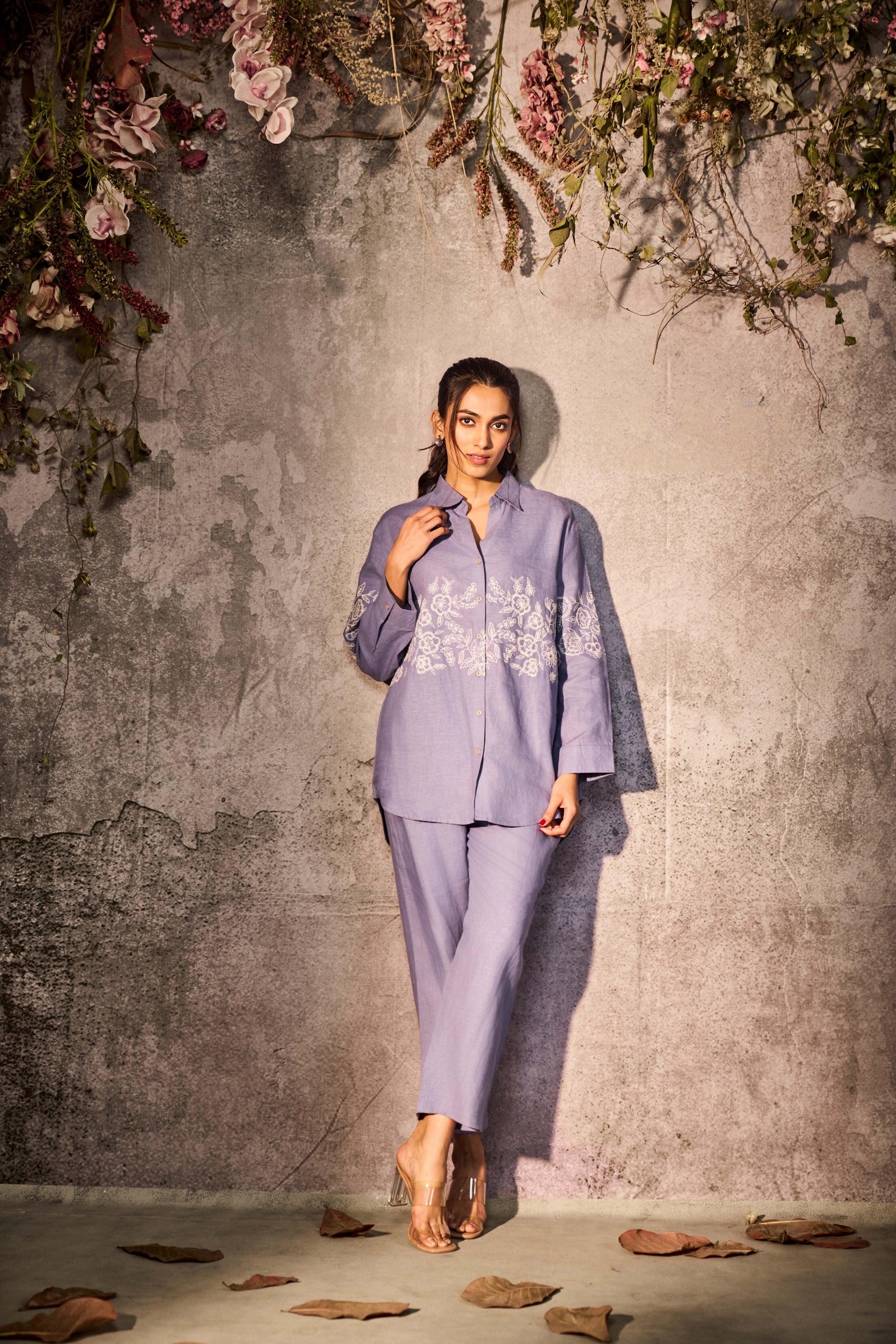 Lavender Linen Co-Ord Set with White Floral Embroidery - Mokshaa
