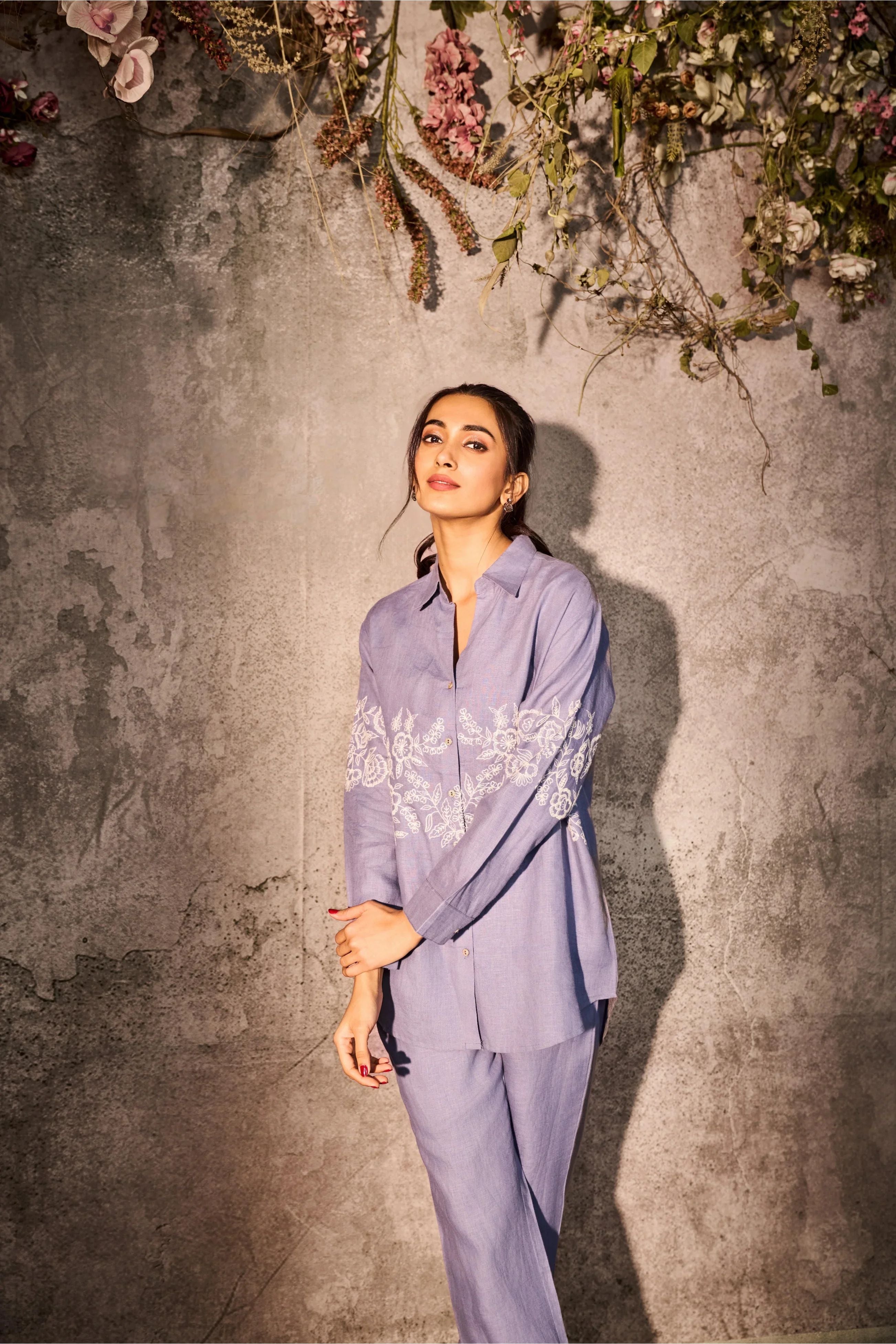 Lavender Linen Co-Ord Set with White Floral Embroidery - Mokshaa