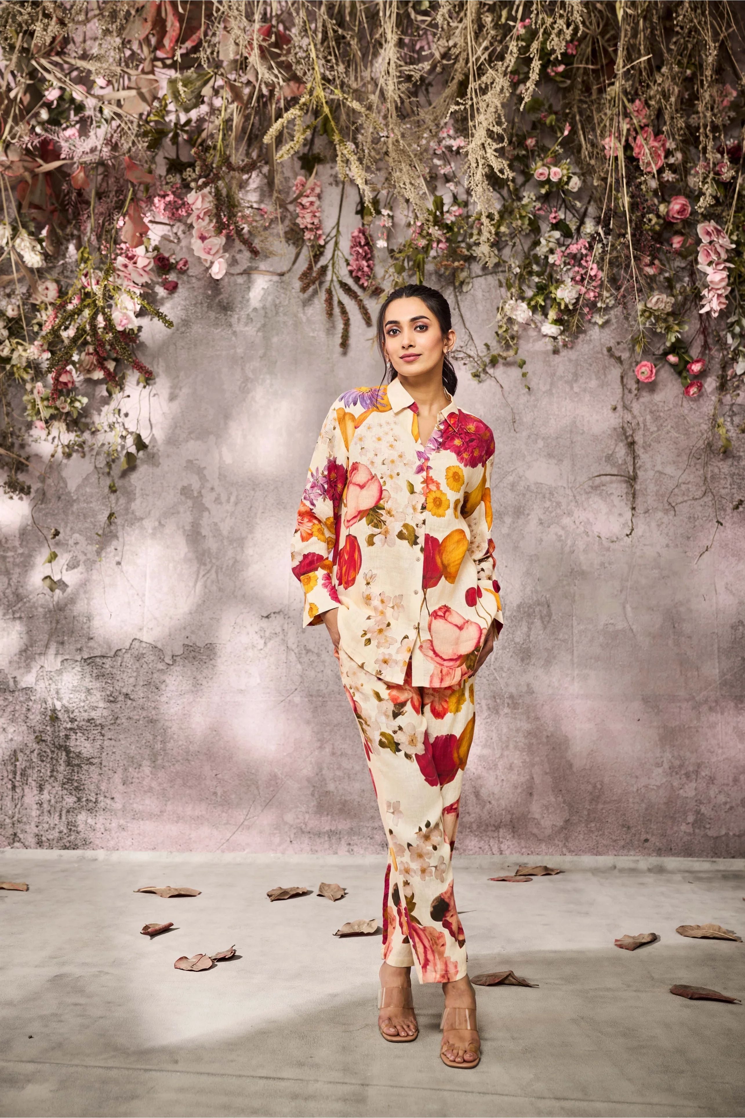 Cream Linen Silk Co-Ord Set with Multi-Color Floral Print - Mokshaa