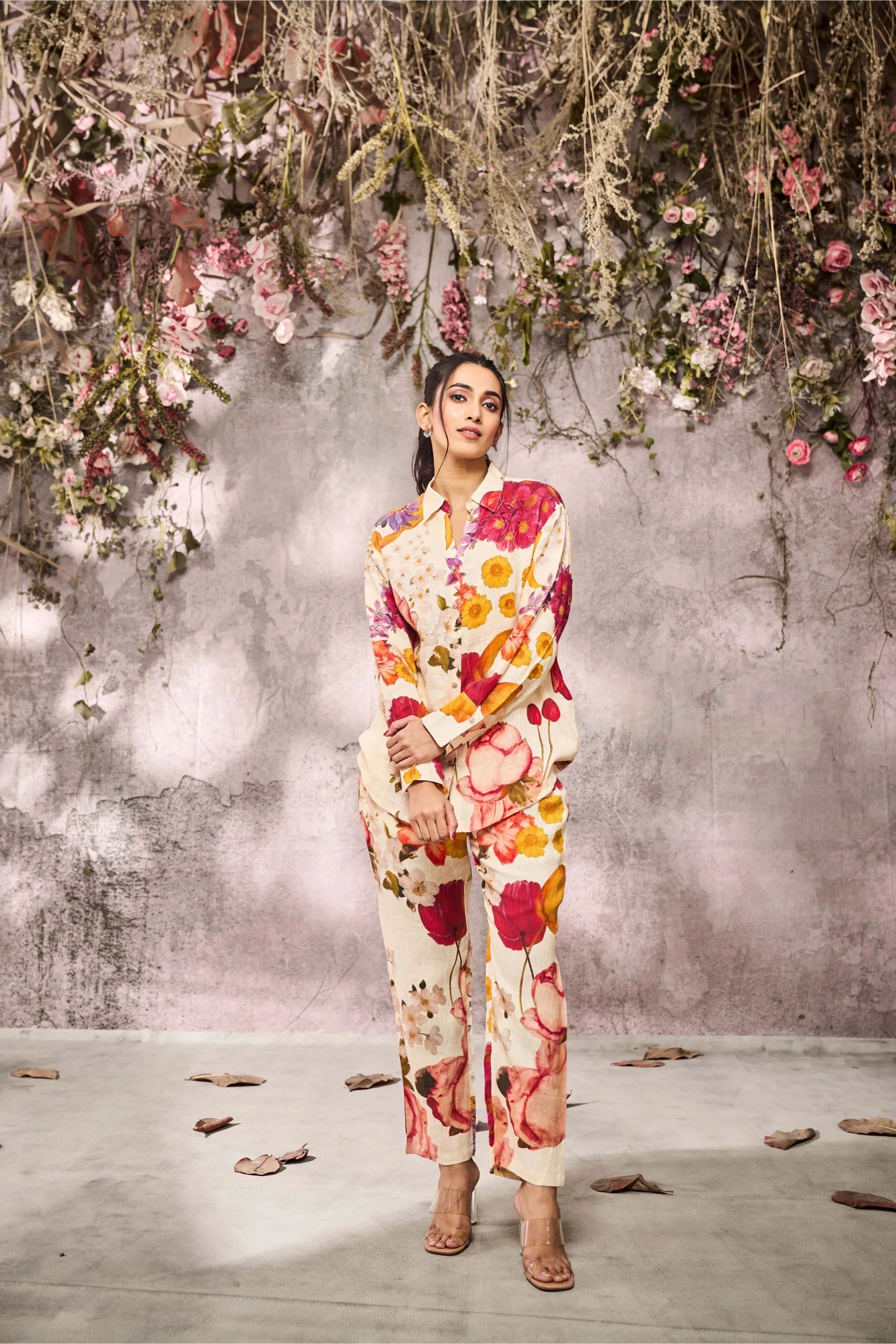 Cream Linen Silk Co-Ord Set with Multi-Color Floral Print - Mokshaa
