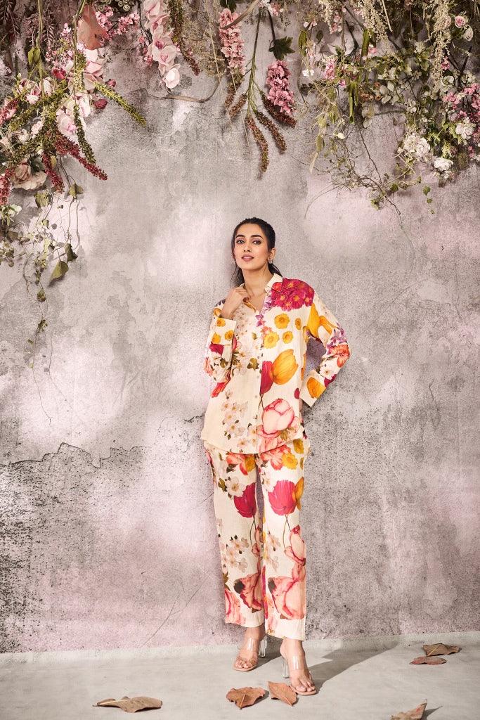 Cream Linen Silk Co-Ord Set with Multi-Color Floral Print - Mokshaa