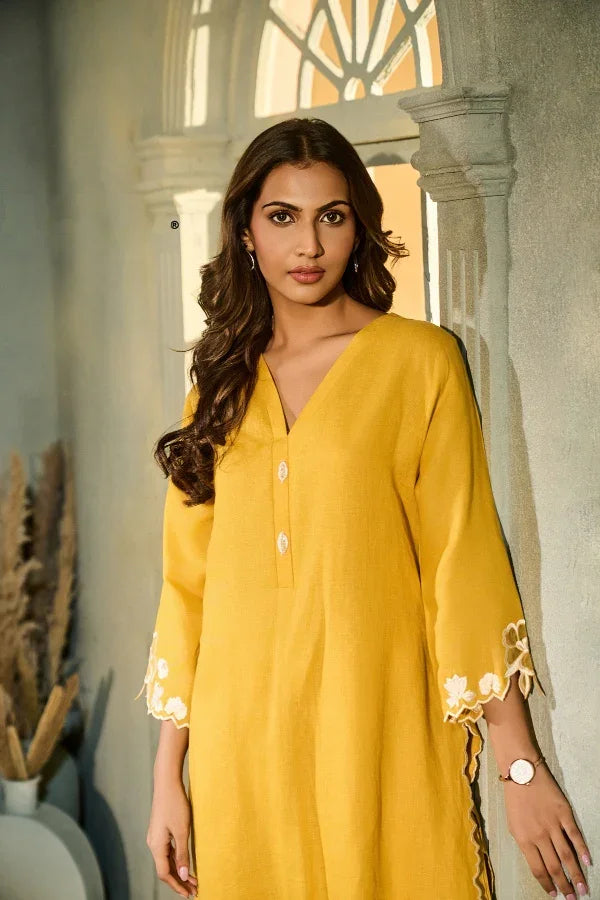 Mustard Yellow Linen Co-Ord Set with White Floral Embroidery - Mokshaa