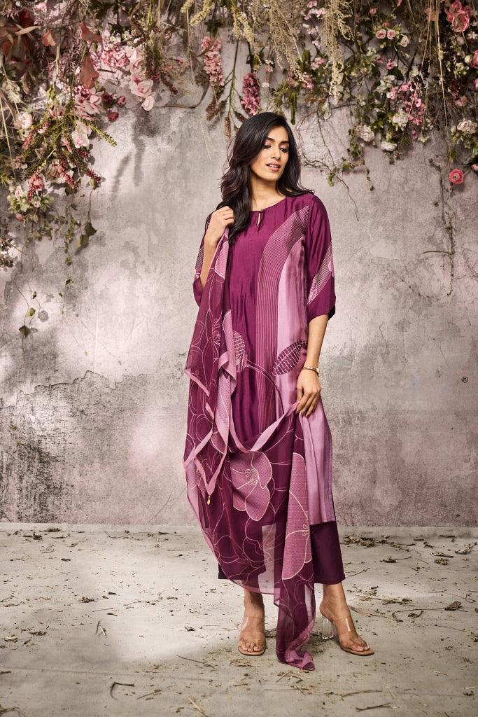 Wine Muslin Printed Kurta Set with Floral Motif Dupatta - Mokshaa
