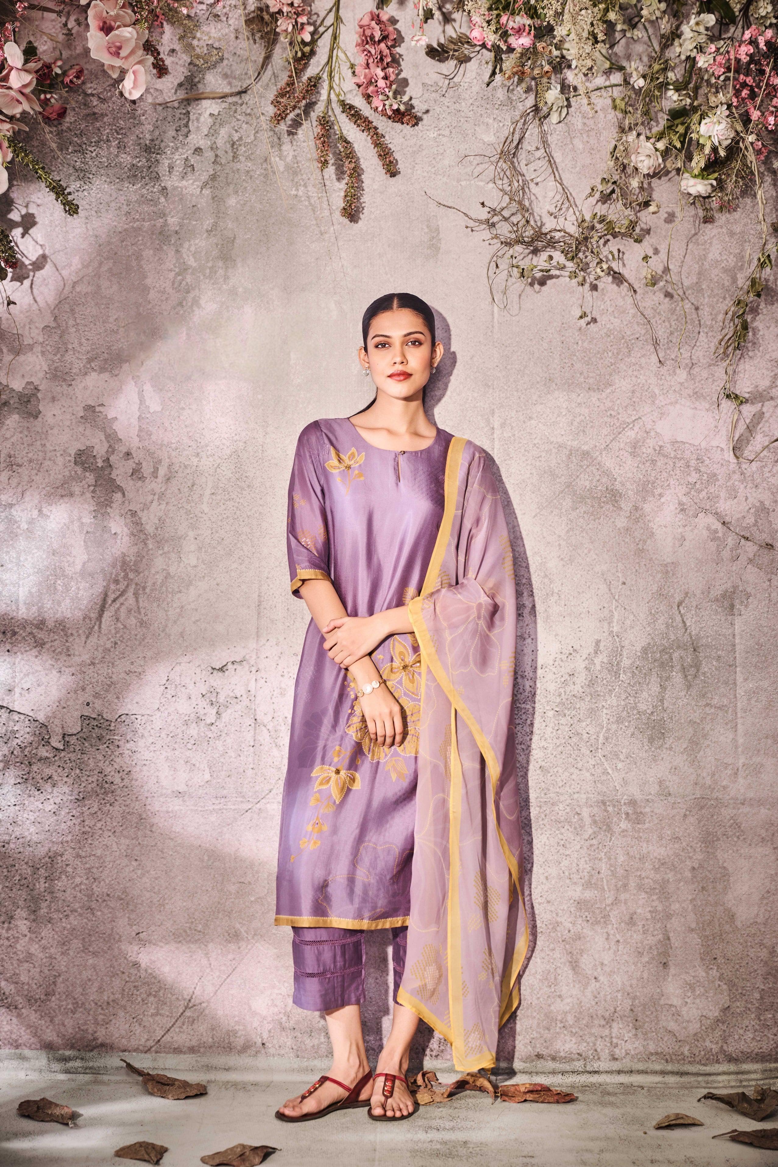 Mauve Muslin Kurta Set with Gold Floral Print & Dupatta - Mokshaa