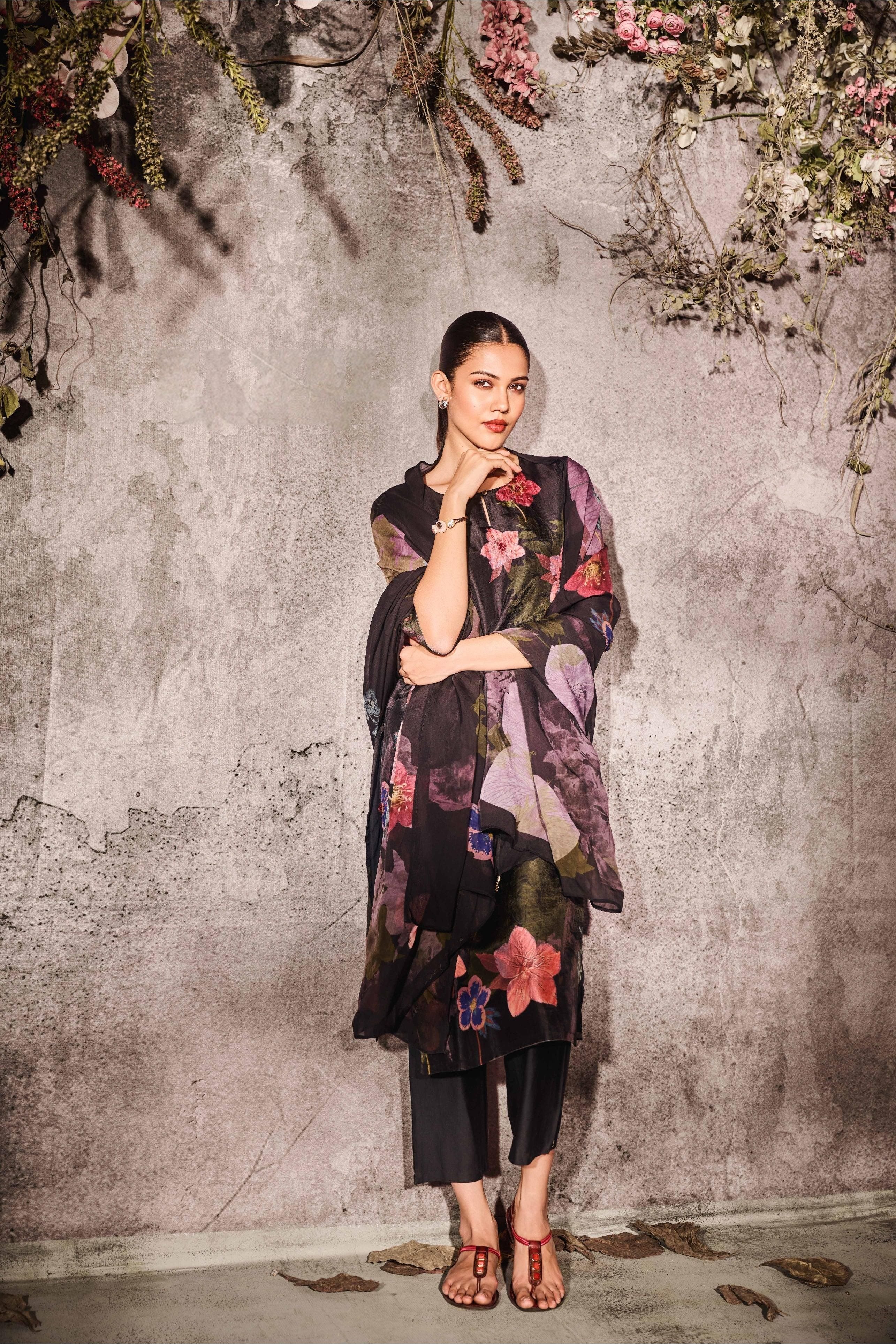 Black Muslin Kurta Set with Floral Print & Dupatta - Mokshaa