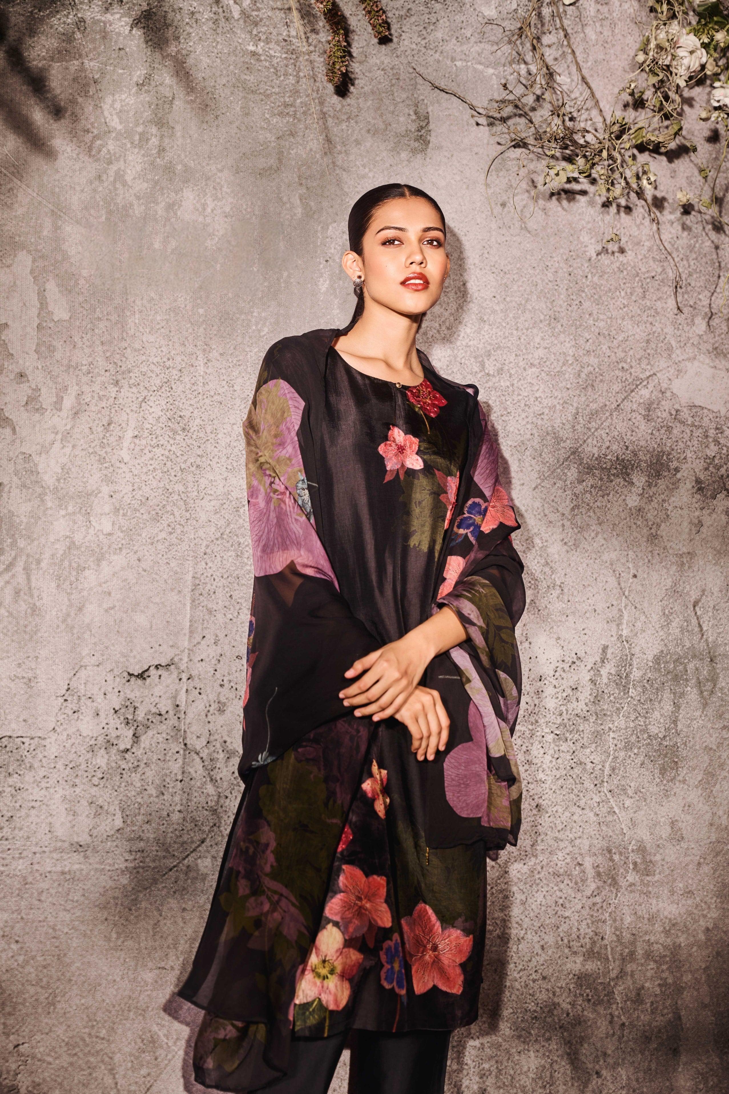 Black Muslin Kurta Set with Floral Print & Dupatta - Mokshaa